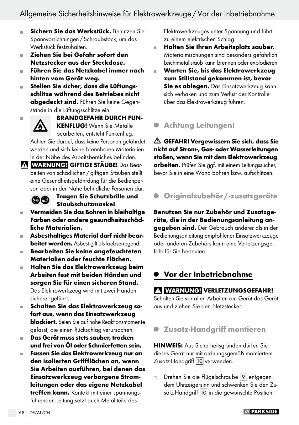 Achtung leitungen, Originalzubehör / -zusatzgeräte, Vor der inbetriebnahme | Zusatz-handgriff montieren | Parkside PSBM 500 A1 User Manual | Page 68 / 72