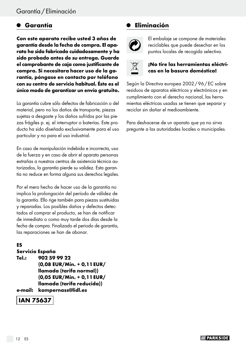 Garantía, Eliminación | Parkside PHS 160 B2 User Manual | Page 12 / 52