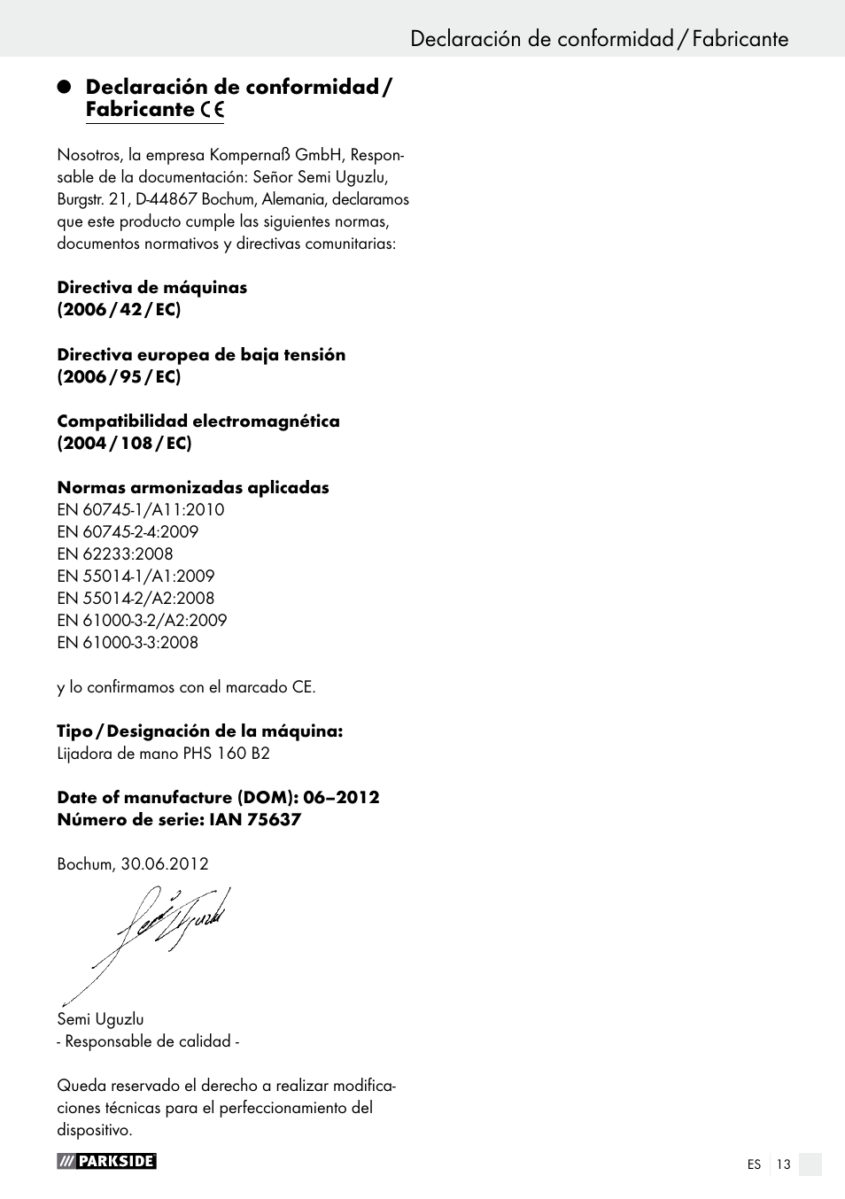 Declaración de conformidad / fabricante, Garantía / eliminación | Parkside PHS 160 B2 User Manual | Page 13 / 52