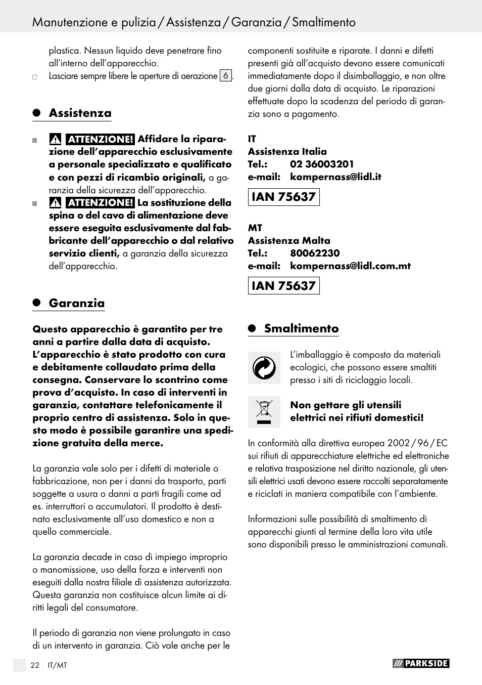 Assistenza, Garanzia, Smaltimento | Parkside PHS 160 B2 User Manual | Page 22 / 52