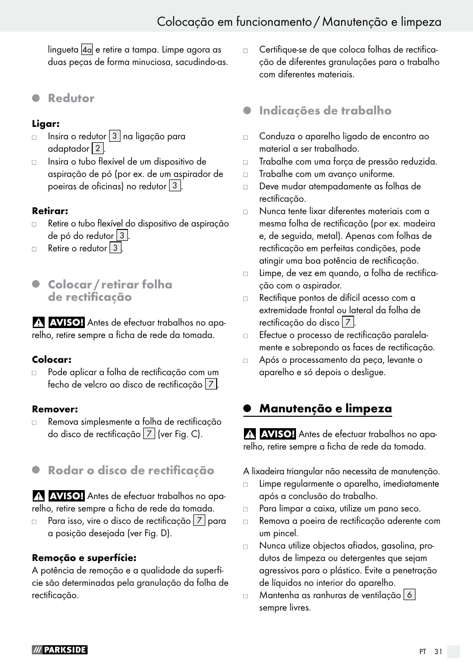 Redutor, Colocar / retirar folha de rectificação, Rodar o disco de rectificação | Indicações de trabalho, Manutenção e limpeza | Parkside PHS 160 B2 User Manual | Page 31 / 52