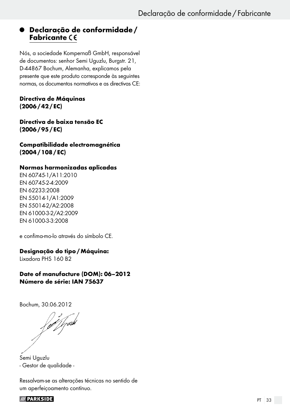 Declaração de conformidade / fabricante | Parkside PHS 160 B2 User Manual | Page 33 / 52