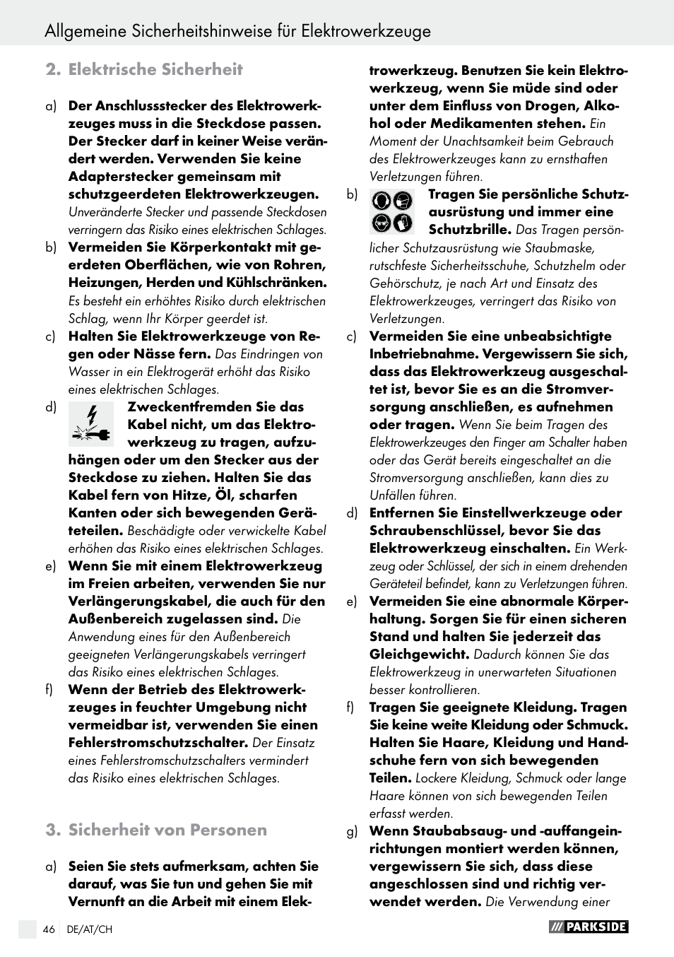 Elektrische sicherheit, Sicherheit von personen | Parkside PHS 160 B2 User Manual | Page 46 / 52