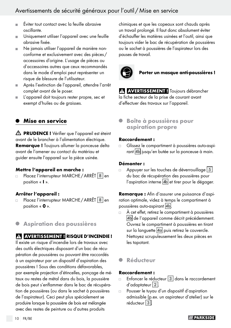 Mise en service, Aspiration des poussières, Boîte à poussières pour aspiration propre | Réducteur | Parkside PHS 160 B2 User Manual | Page 10 / 43