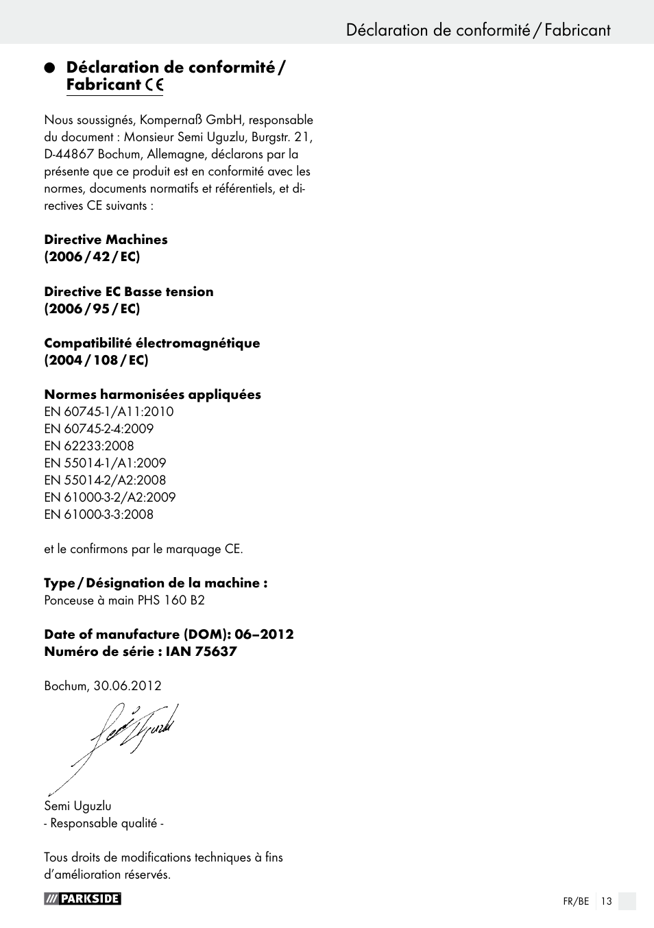 Déclaration de conformité / fabricant | Parkside PHS 160 B2 User Manual | Page 13 / 43