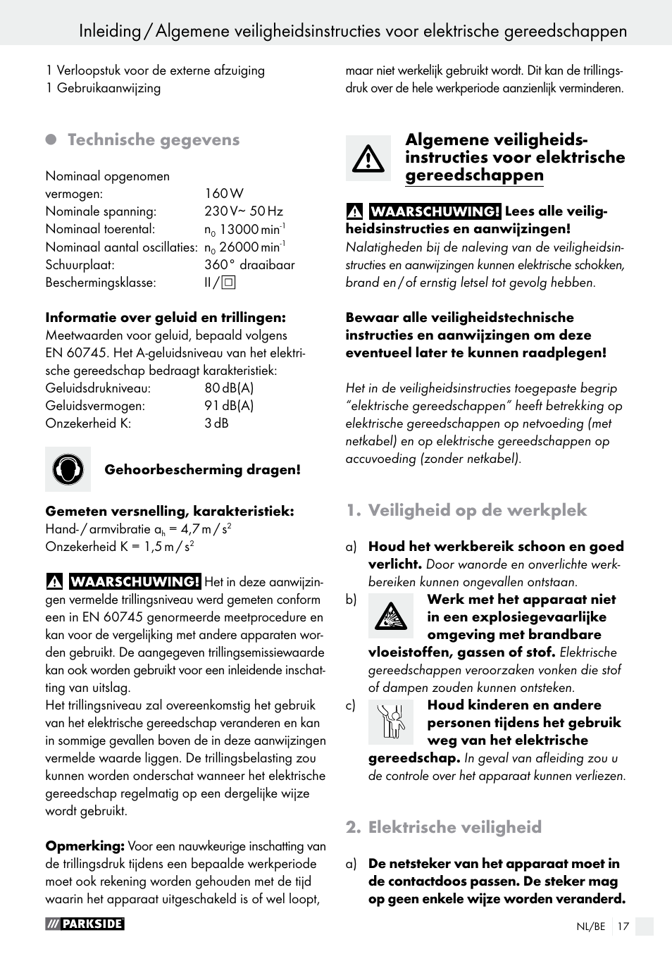 Technische gegevens, Veiligheid op de werkplek, Elektrische veiligheid | Parkside PHS 160 B2 User Manual | Page 17 / 43