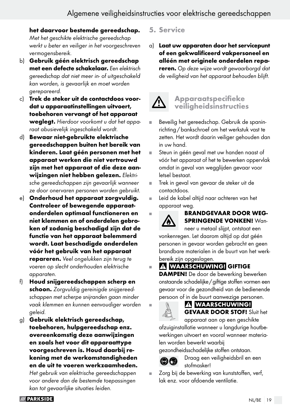 Service, Apparaatspecifieke veiligheidsinstructies | Parkside PHS 160 B2 User Manual | Page 19 / 43