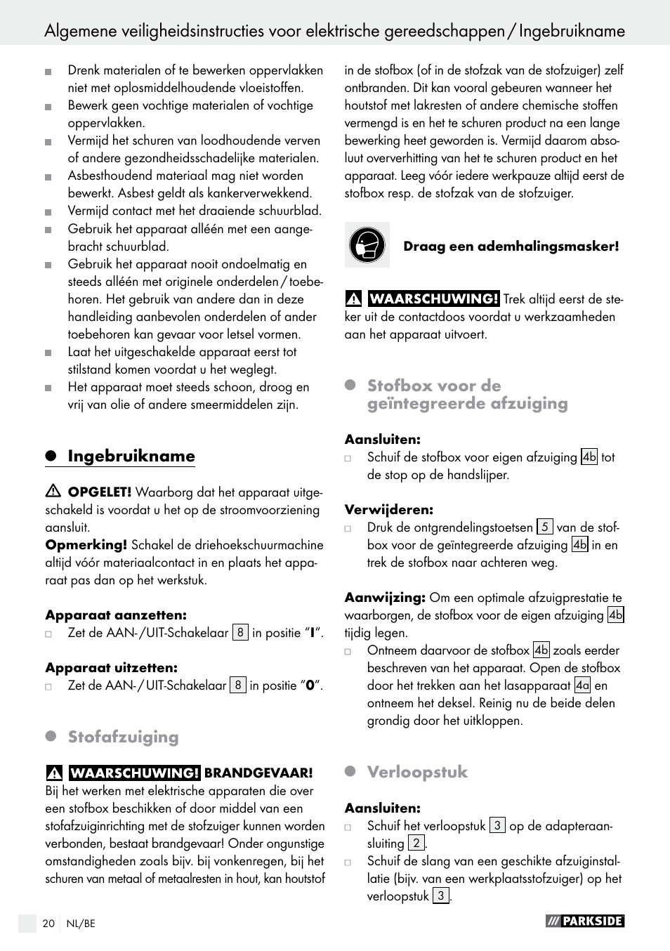 Ingebruikname, Stofafzuiging, Stofbox voor de geïntegreerde afzuiging | Verloopstuk | Parkside PHS 160 B2 User Manual | Page 20 / 43