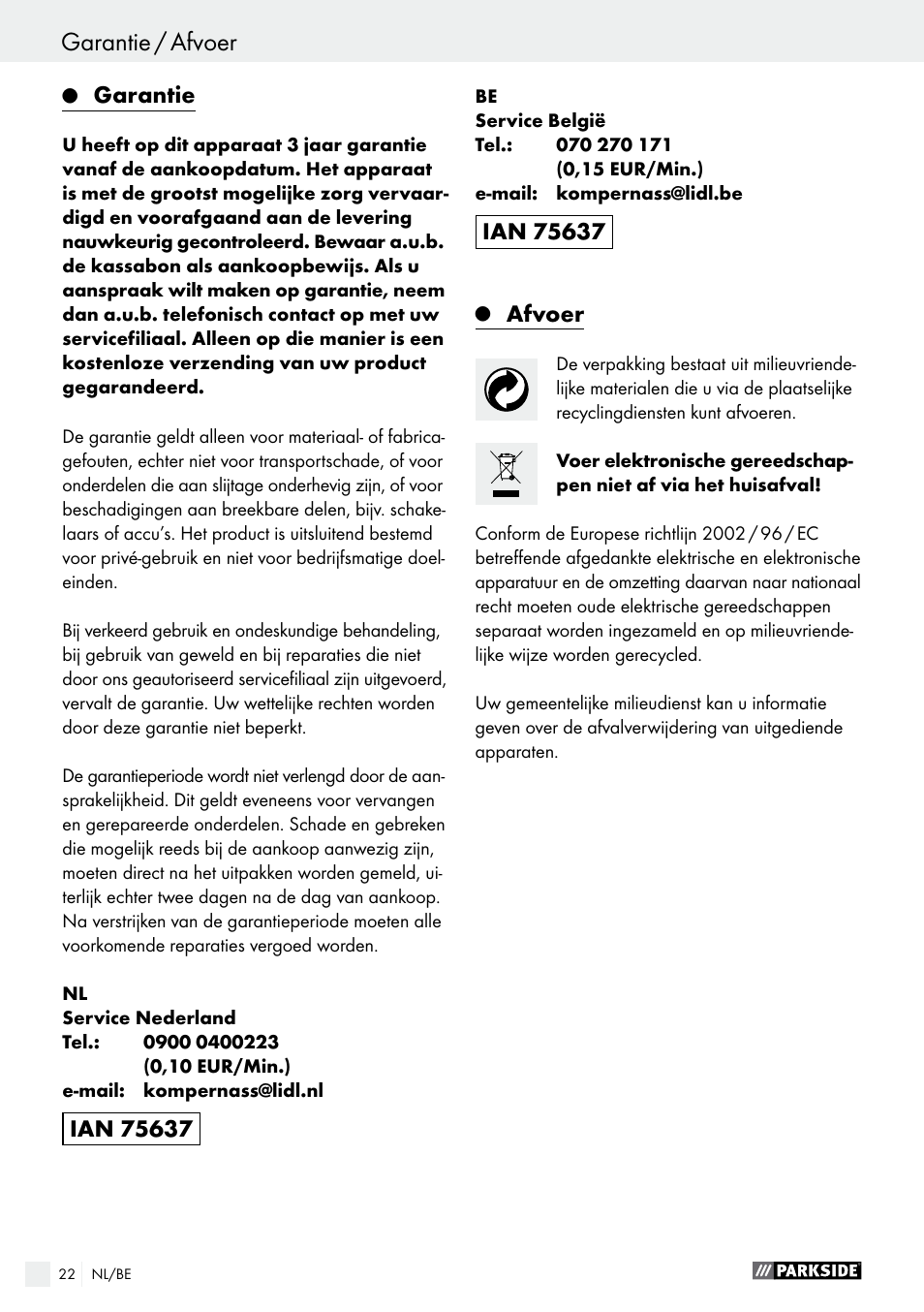 Conformiteitsverklaring / producent, Garantie / afvoer | Parkside PHS 160 B2 User Manual | Page 22 / 43