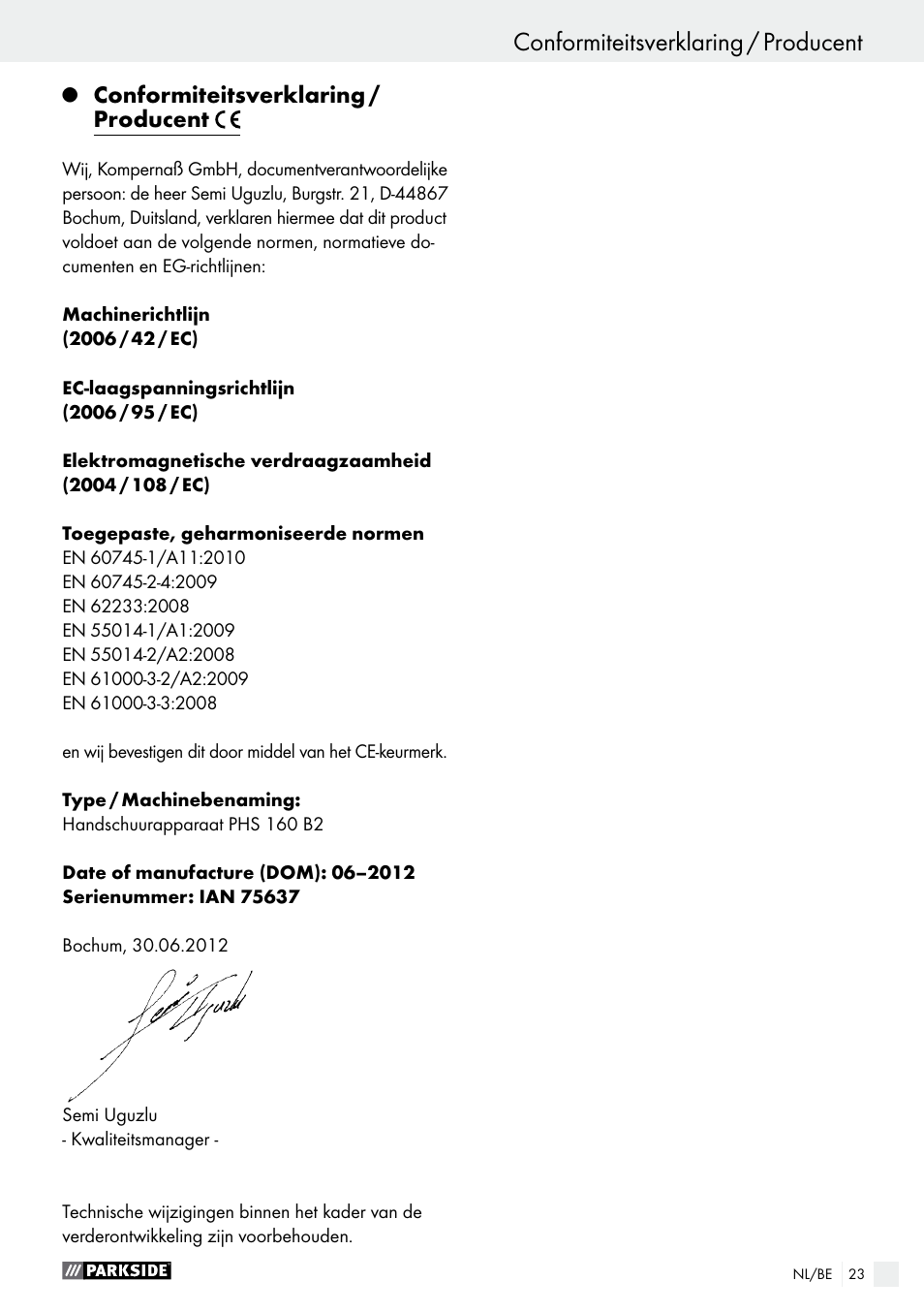 Conformiteitsverklaring / producent, Garantie / afvoer | Parkside PHS 160 B2 User Manual | Page 23 / 43