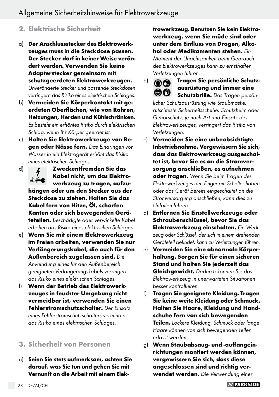 Elektrische sicherheit, Sicherheit von personen | Parkside PHS 160 B2 User Manual | Page 28 / 43
