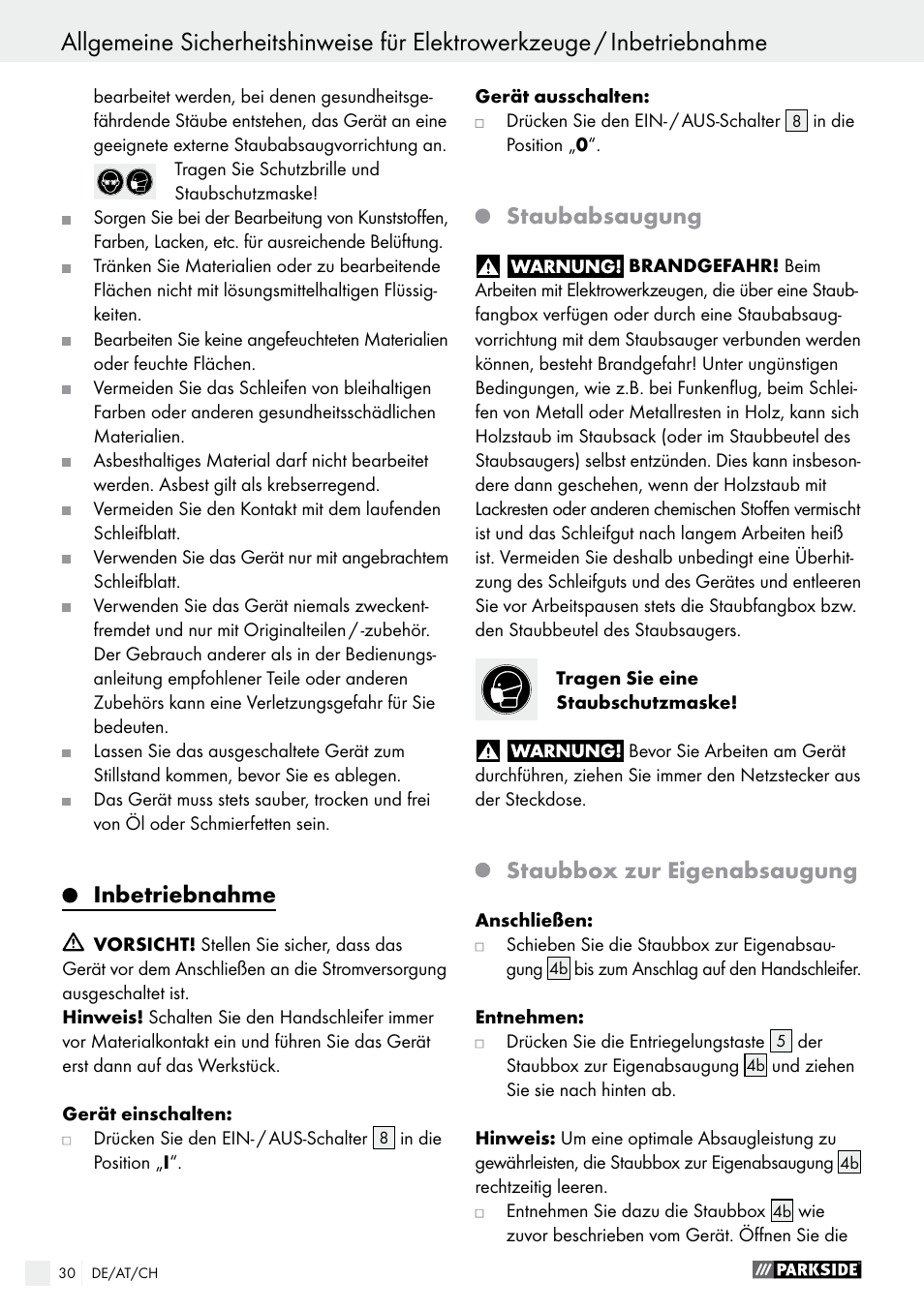 Inbetriebnahme / wartung und reinigung, Inbetriebnahme, Staubabsaugung | Staubbox zur eigenabsaugung | Parkside PHS 160 B2 User Manual | Page 30 / 43