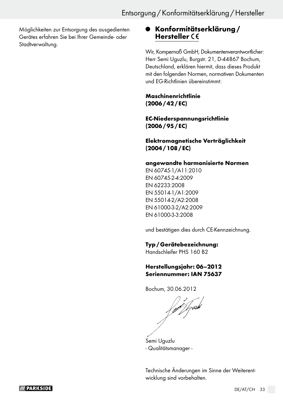 Entsorgung / konformitätserklärung / hersteller, Service / garantie / entsorgung | Parkside PHS 160 B2 User Manual | Page 33 / 43