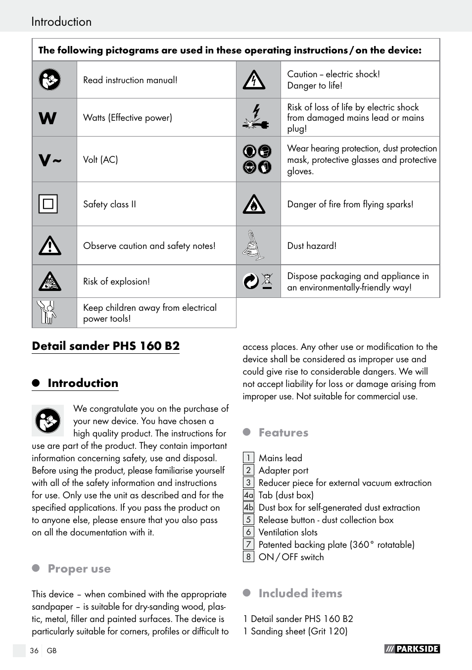 Detail sander phs 160 b2, Introduction, Proper use | Features, Included items | Parkside PHS 160 B2 User Manual | Page 36 / 43
