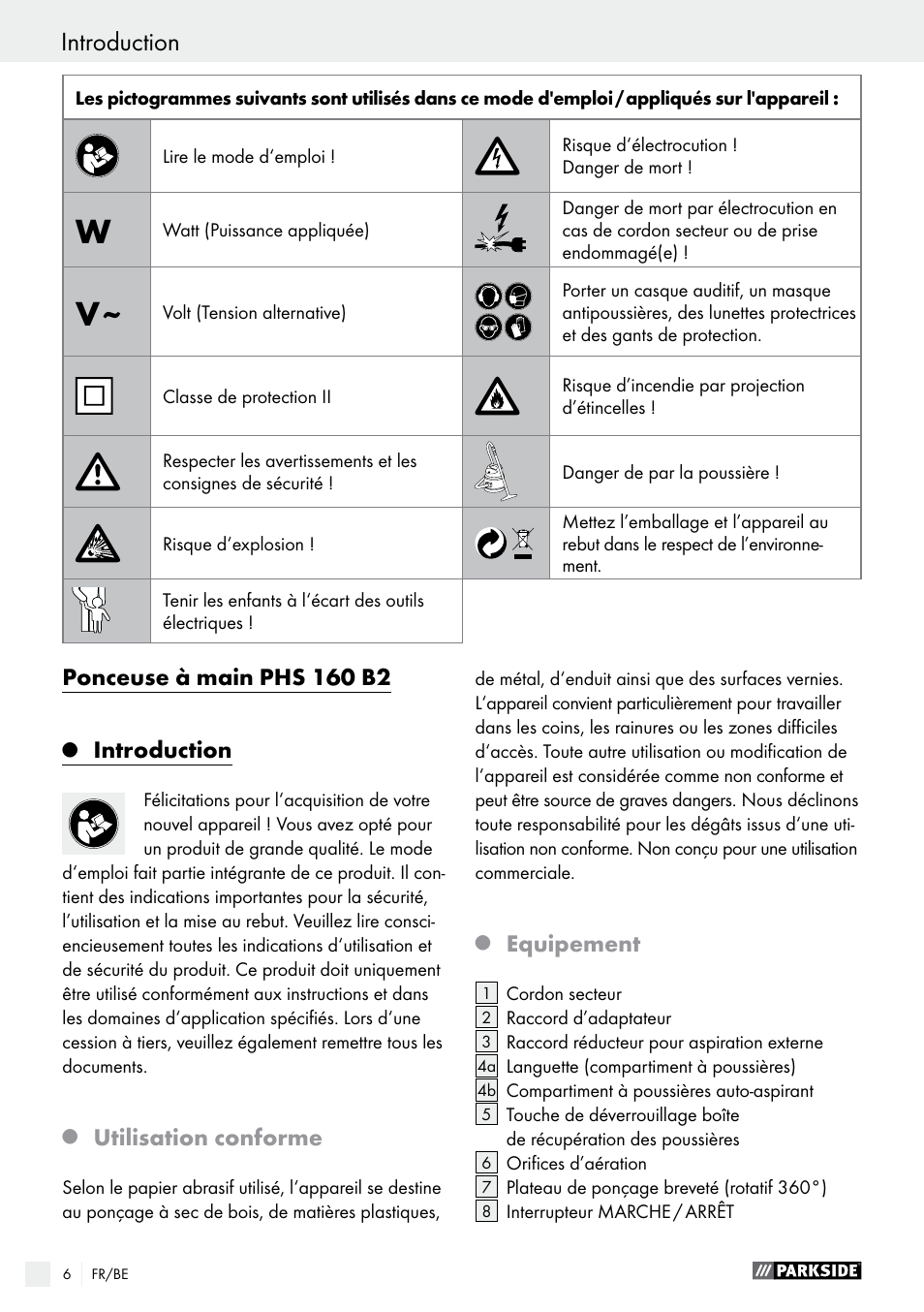 Ponceuse à main phs 160 b2, Introduction, Utilisation conforme | Equipement | Parkside PHS 160 B2 User Manual | Page 6 / 43