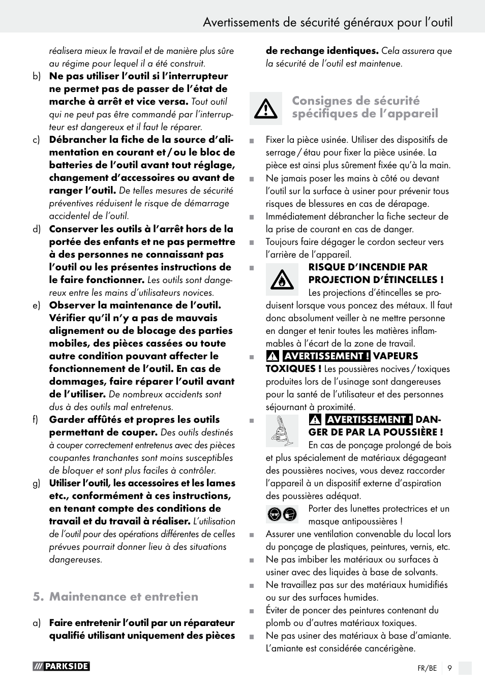 Avertissements de sécurité généraux pour l’outil, Maintenance et entretien, Consignes de sécurité spécifiques de l’appareil | Parkside PHS 160 B2 User Manual | Page 9 / 43