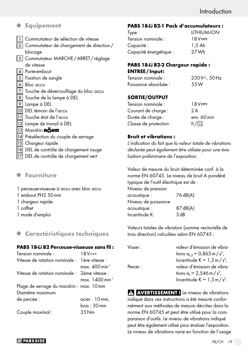 Introduction, Equipement, Fourniture | Caractéristiques techniques | Parkside PABS 18-Li B2 User Manual | Page 19 / 52