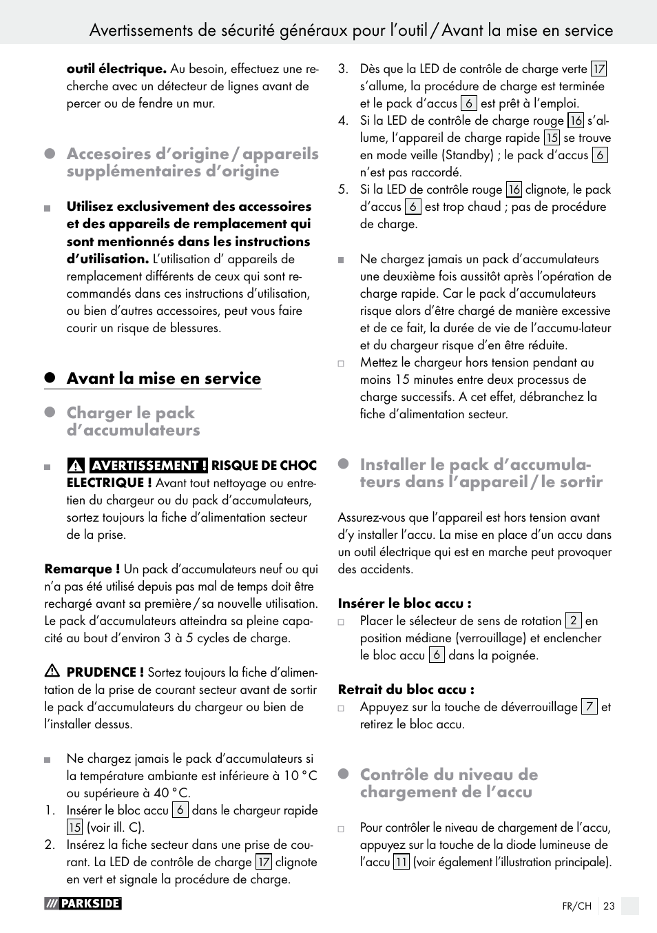 Avant la mise en service, Charger le pack d’accumulateurs, Contrôle du niveau de chargement de l’accu | Parkside PABS 18-Li B2 User Manual | Page 23 / 52