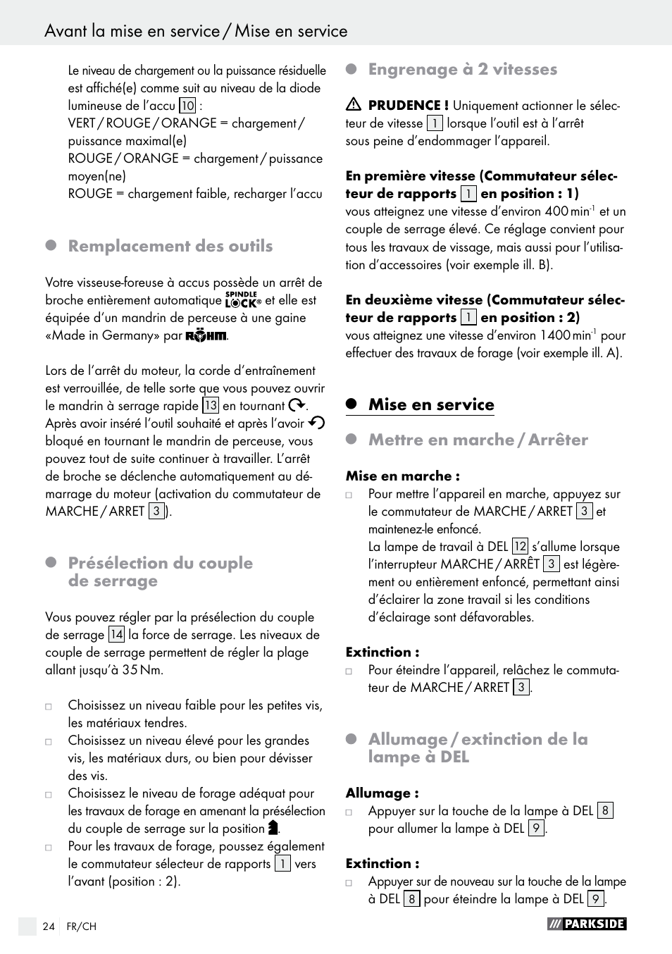 Remplacement des outils, Présélection du couple de serrage, Engrenage à 2 vitesses | Mise en service, Mettre en marche / arrêter, Allumage / extinction de la lampe à del | Parkside PABS 18-Li B2 User Manual | Page 24 / 52