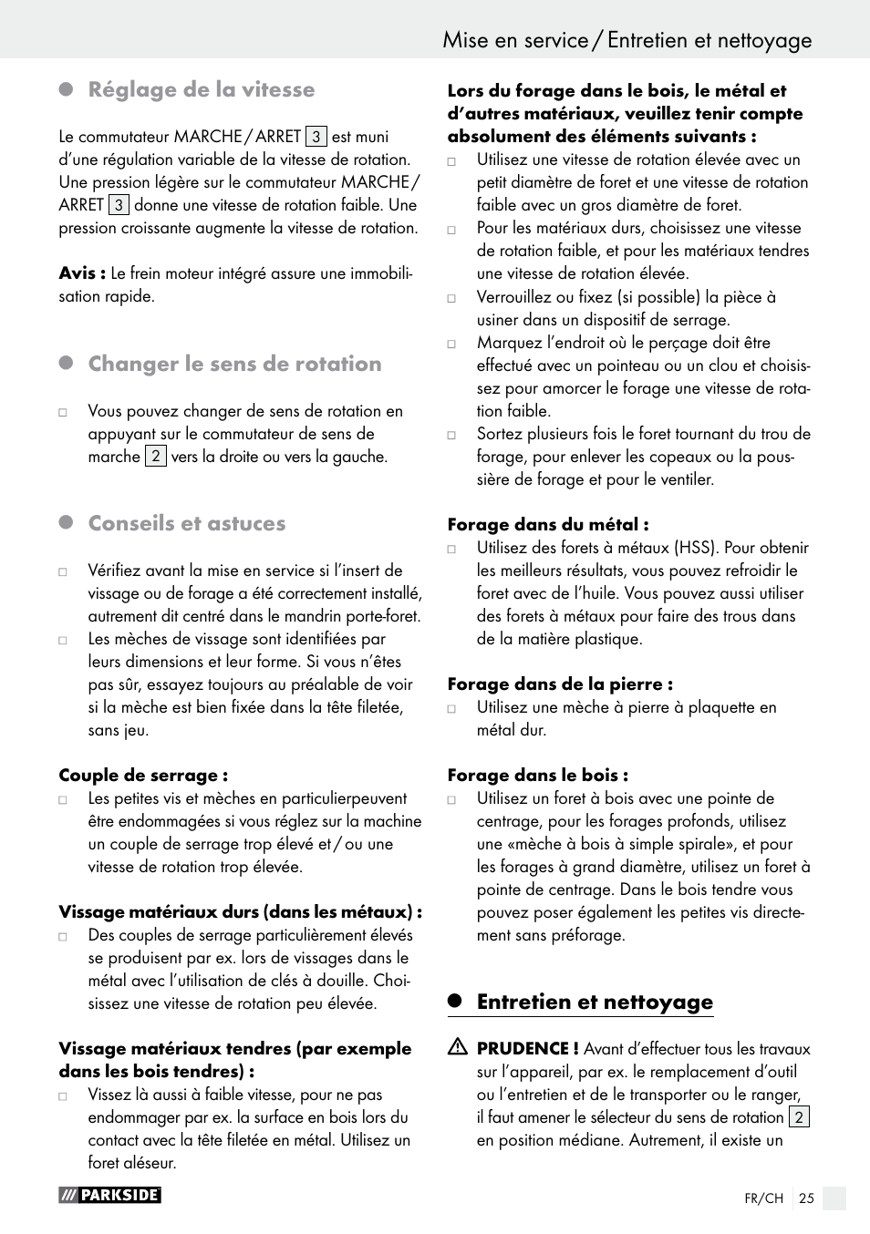 Réglage de la vitesse, Changer le sens de rotation, Conseils et astuces | Entretien et nettoyage | Parkside PABS 18-Li B2 User Manual | Page 25 / 52