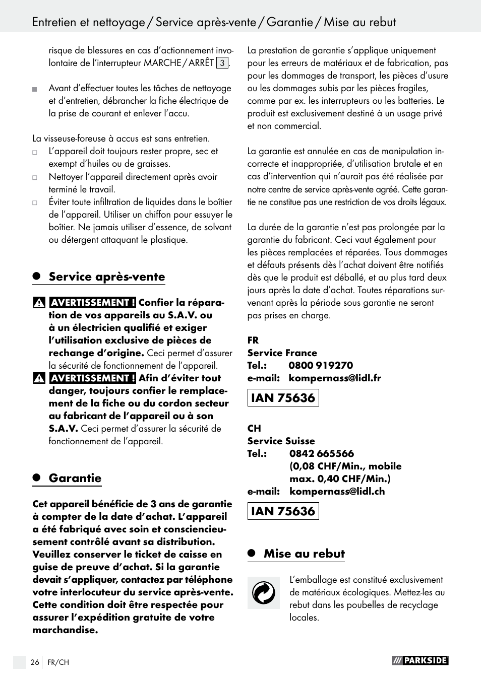 Service après-vente, Garantie, Mise au rebut | Parkside PABS 18-Li B2 User Manual | Page 26 / 52