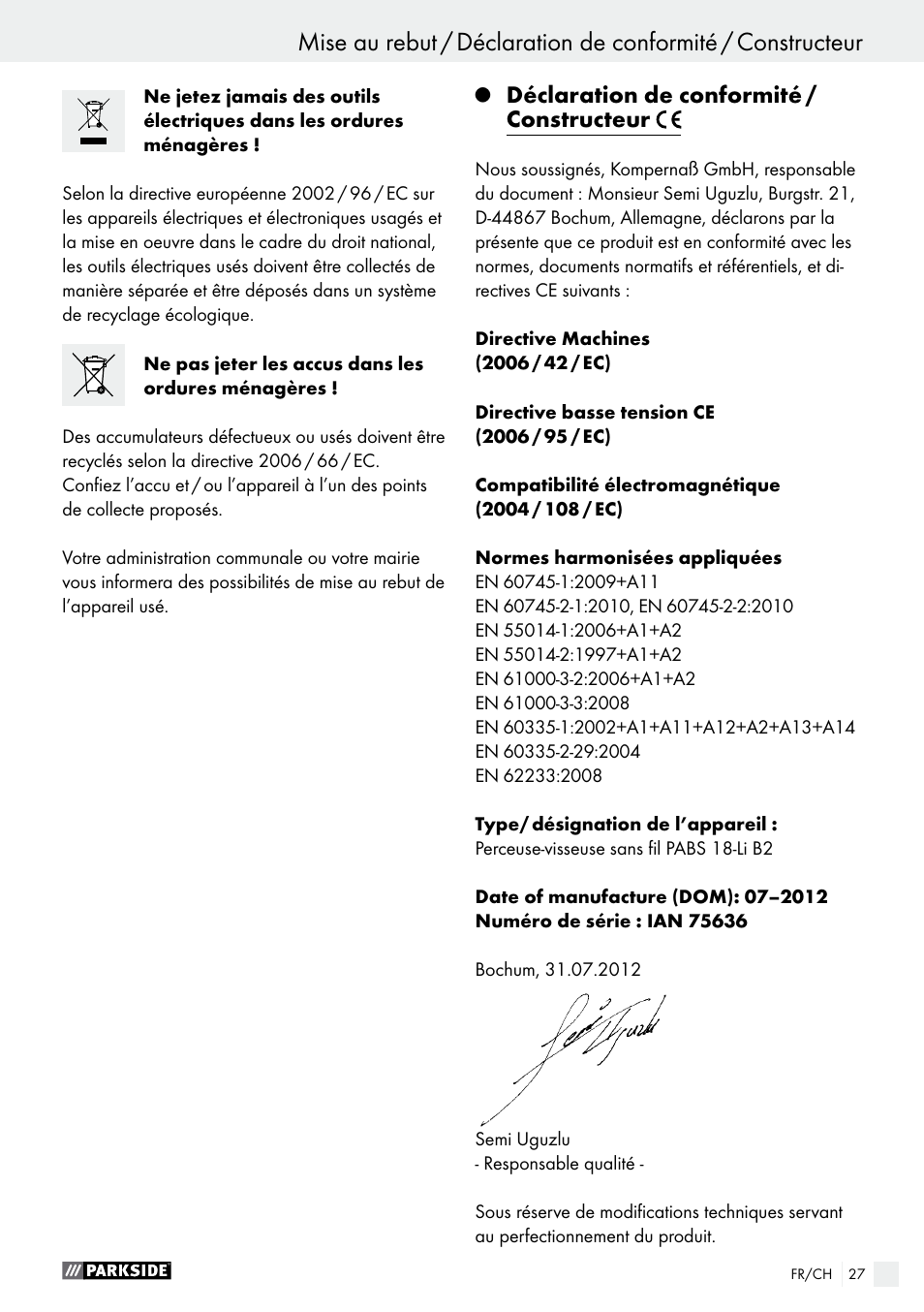 Déclaration de conformité / constructeur | Parkside PABS 18-Li B2 User Manual | Page 27 / 52