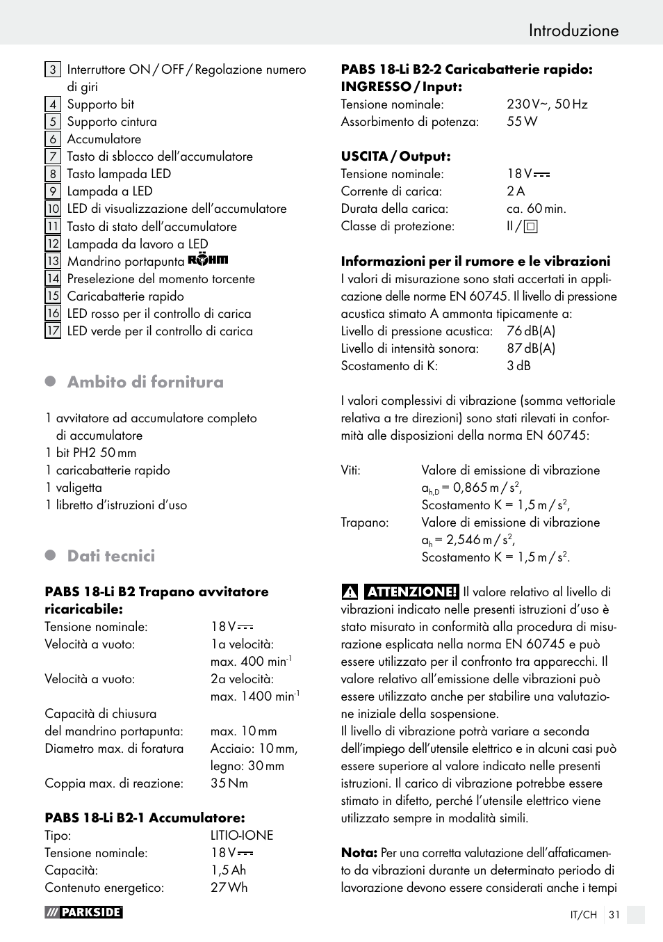 Introduzione, Ambito di fornitura, Dati tecnici | Parkside PABS 18-Li B2 User Manual | Page 31 / 52