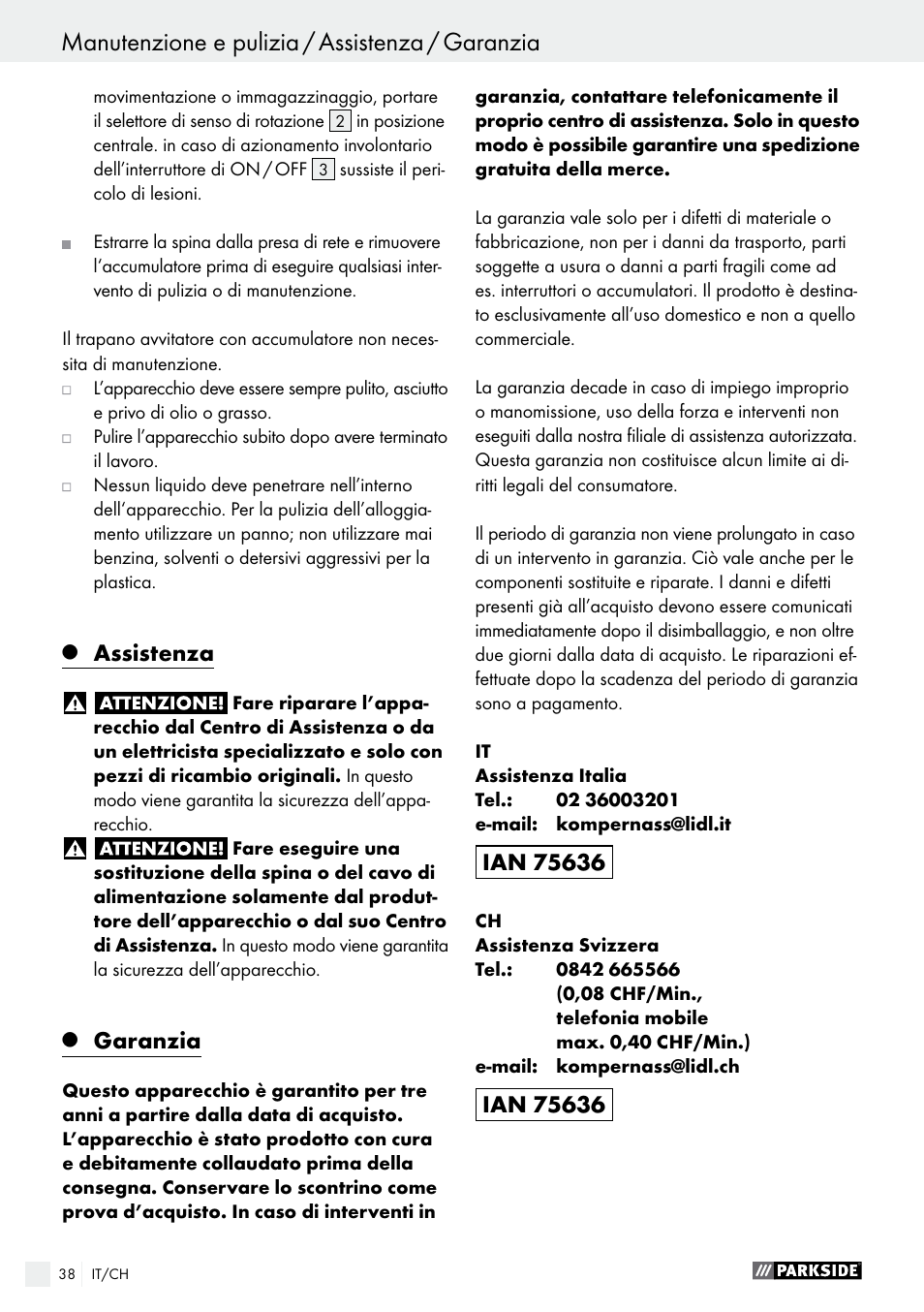 Assistenza, Garanzia | Parkside PABS 18-Li B2 User Manual | Page 38 / 52