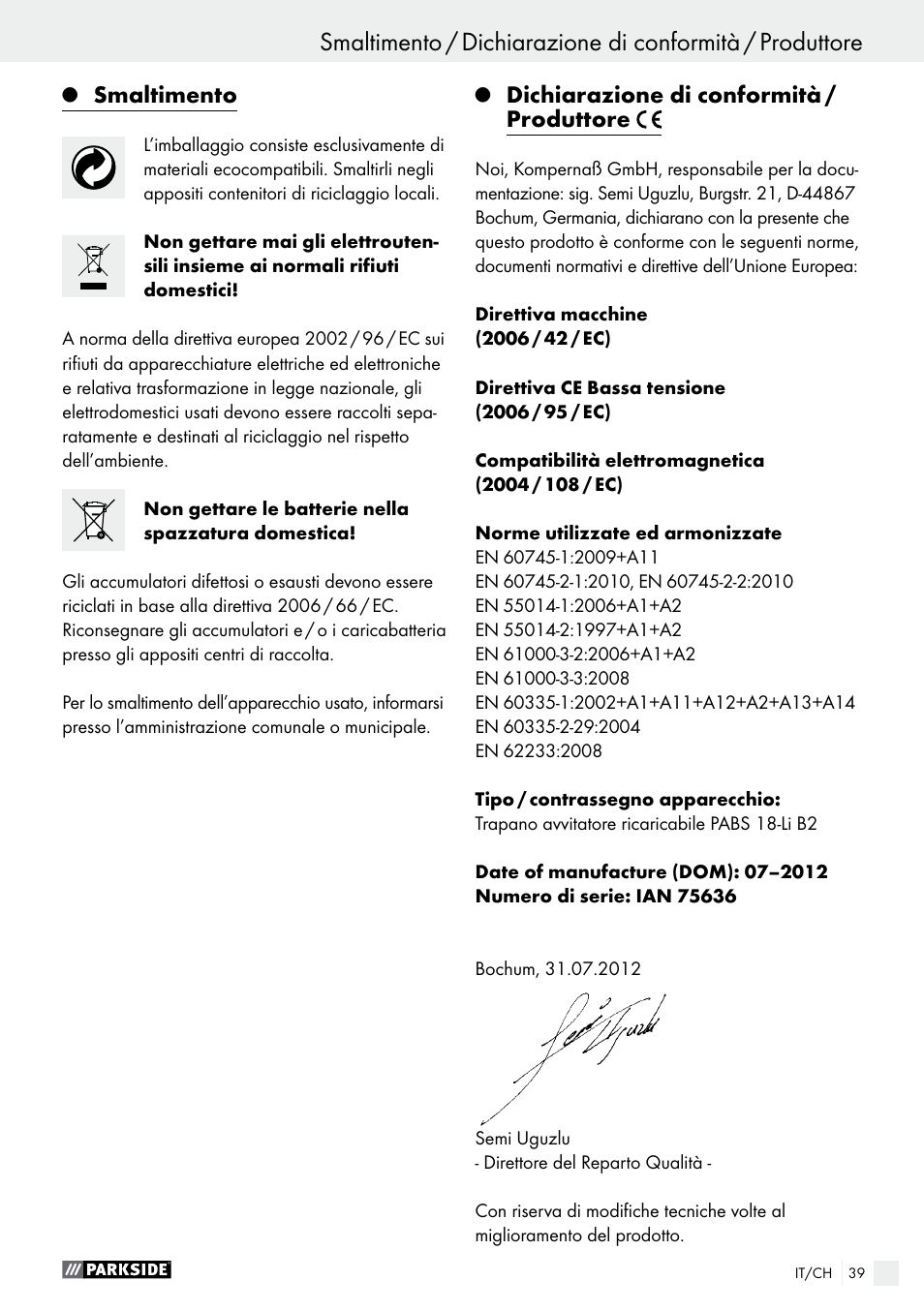 Smaltimento, Dichiarazione di conformità / produttore | Parkside PABS 18-Li B2 User Manual | Page 39 / 52