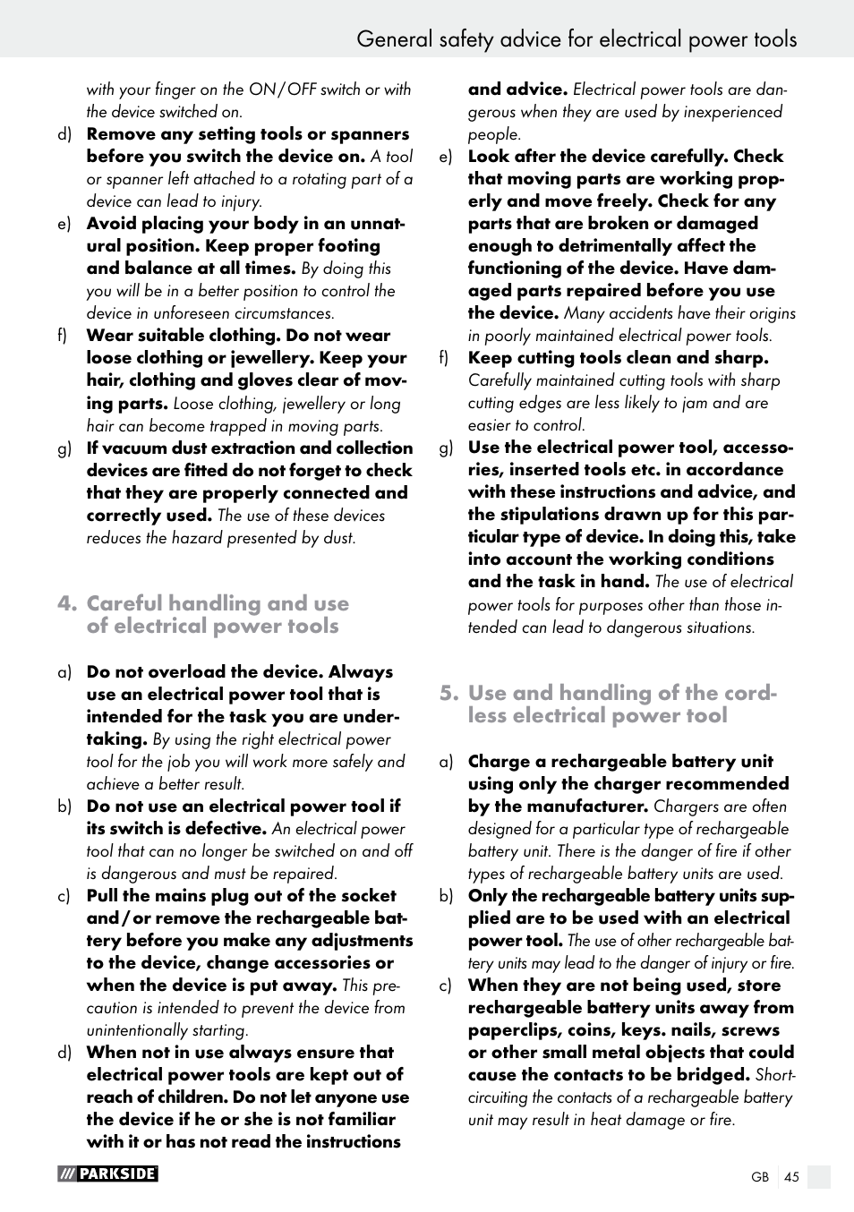 General safety advice for electrical power tools, Careful handling and use of electrical power tools | Parkside PABS 18-Li B2 User Manual | Page 45 / 52