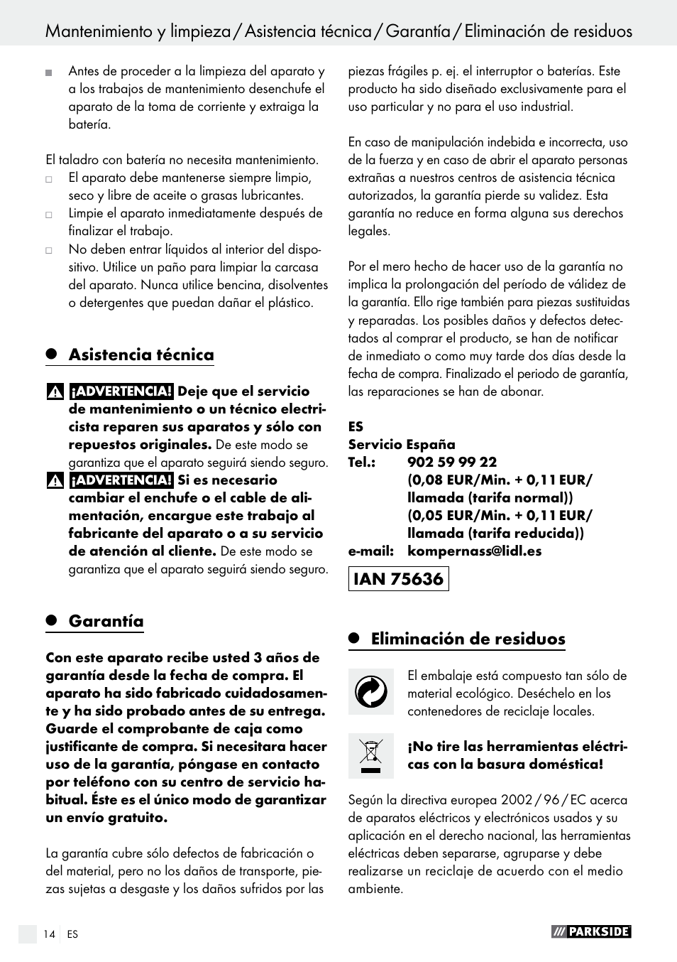 Asistencia técnica, Garantía, Eliminación de residuos | Parkside PABS 18-Li B2 User Manual | Page 14 / 64