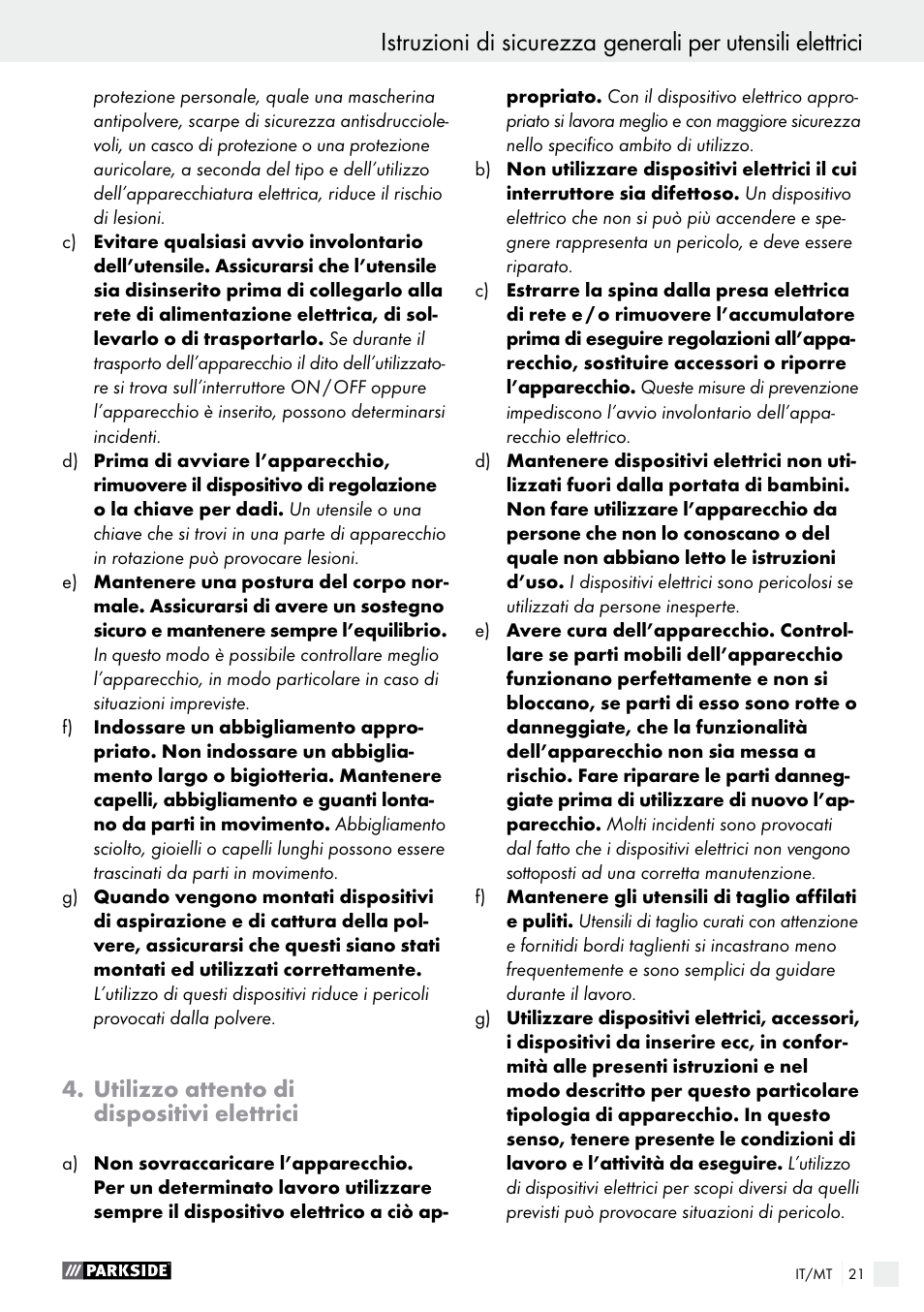Utilizzo attento di dispositivi elettrici | Parkside PABS 18-Li B2 User Manual | Page 21 / 64