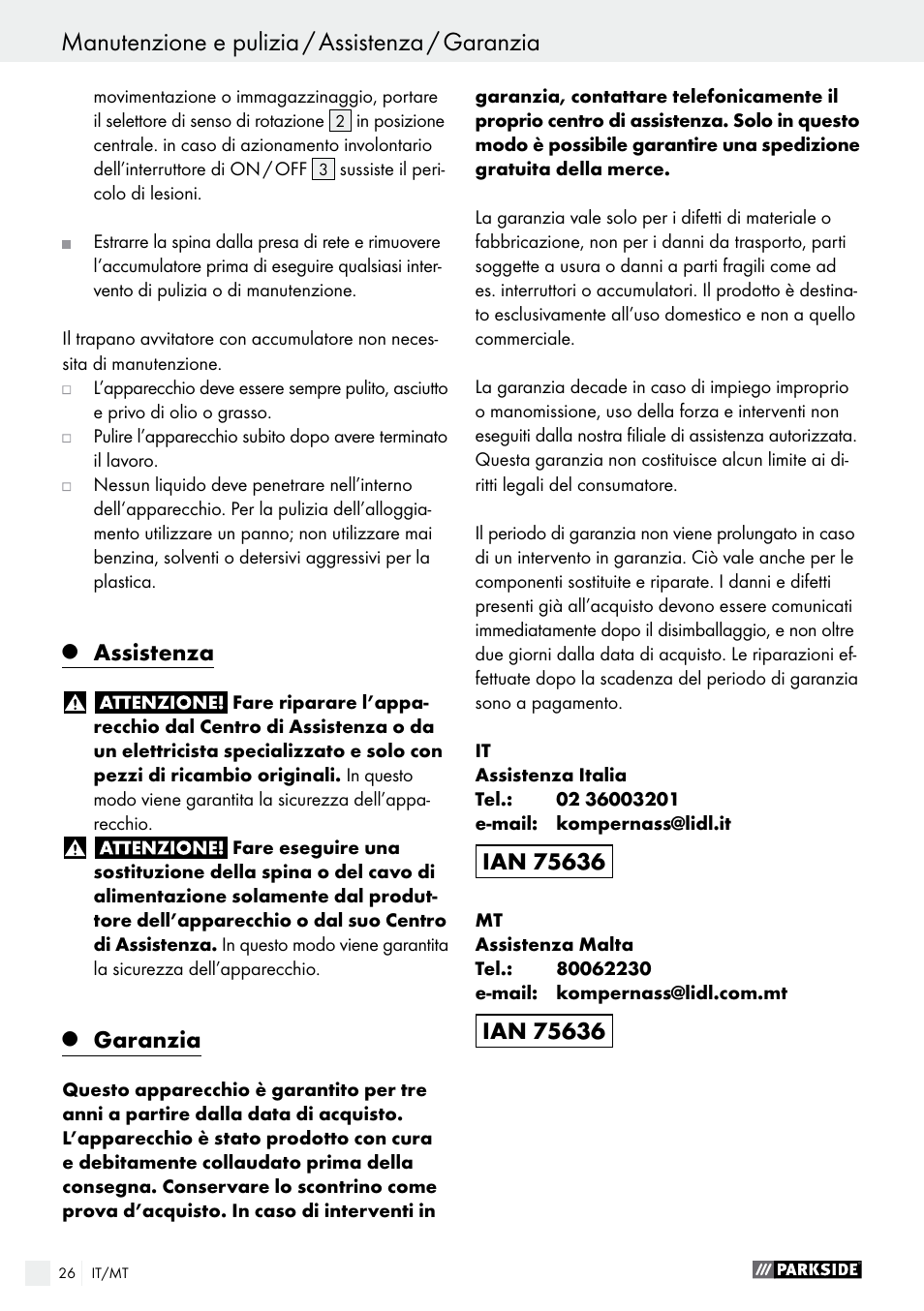 Assistenza, Garanzia | Parkside PABS 18-Li B2 User Manual | Page 26 / 64