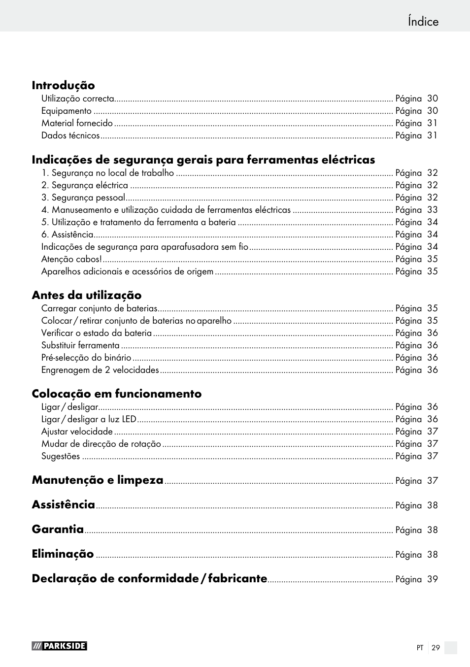 Índice | Parkside PABS 18-Li B2 User Manual | Page 29 / 64