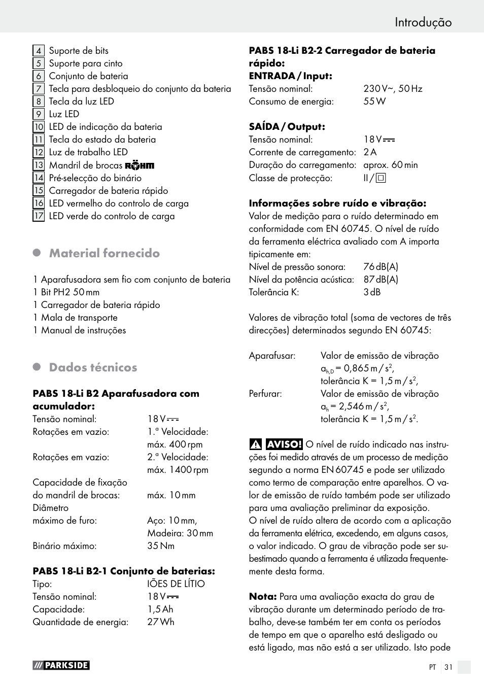 Introdução, Material fornecido, Dados técnicos | Parkside PABS 18-Li B2 User Manual | Page 31 / 64