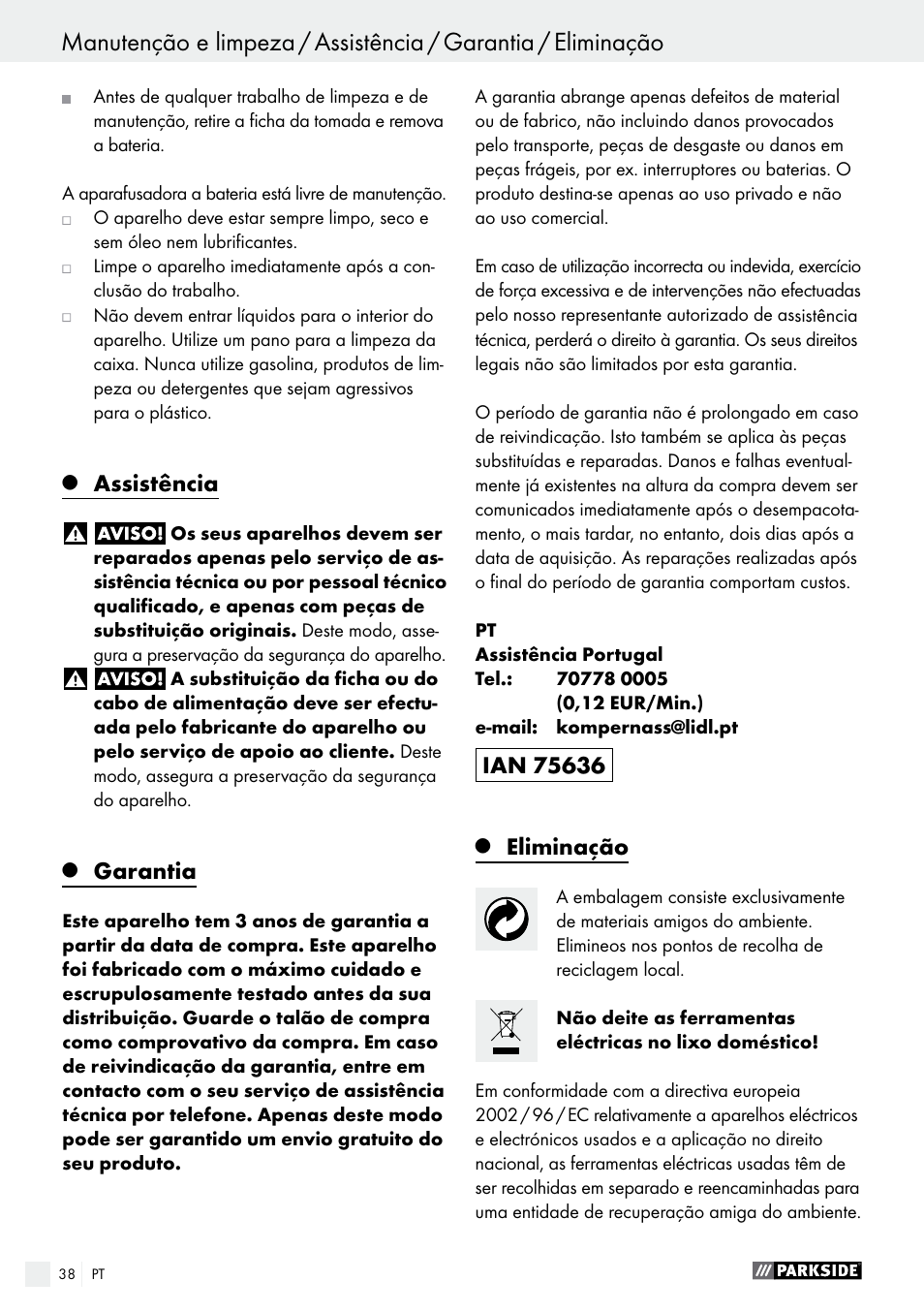 Assistência, Garantia, Eliminação | Parkside PABS 18-Li B2 User Manual | Page 38 / 64