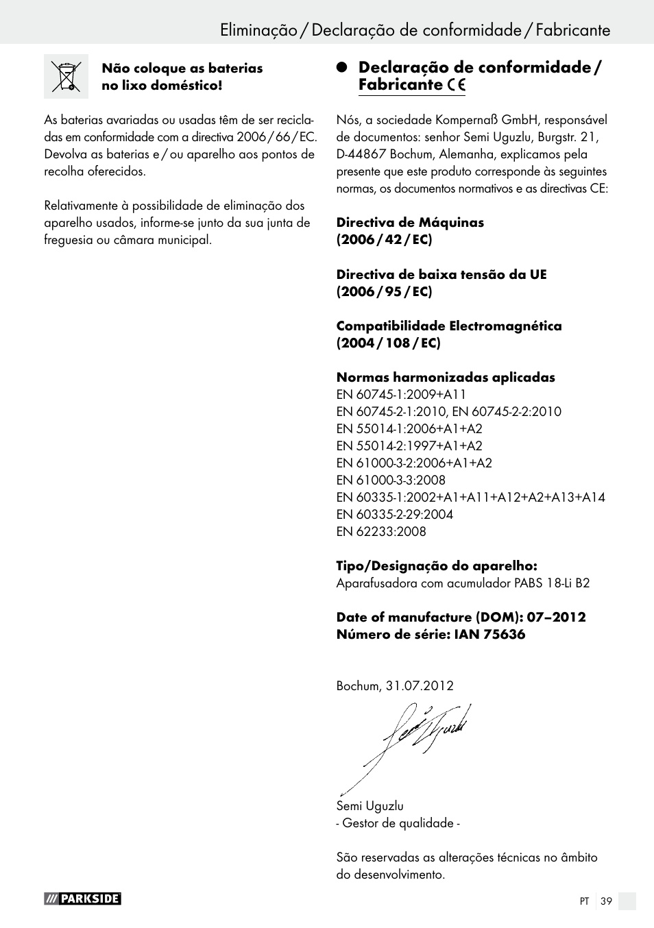 Declaração de conformidade / fabricante | Parkside PABS 18-Li B2 User Manual | Page 39 / 64