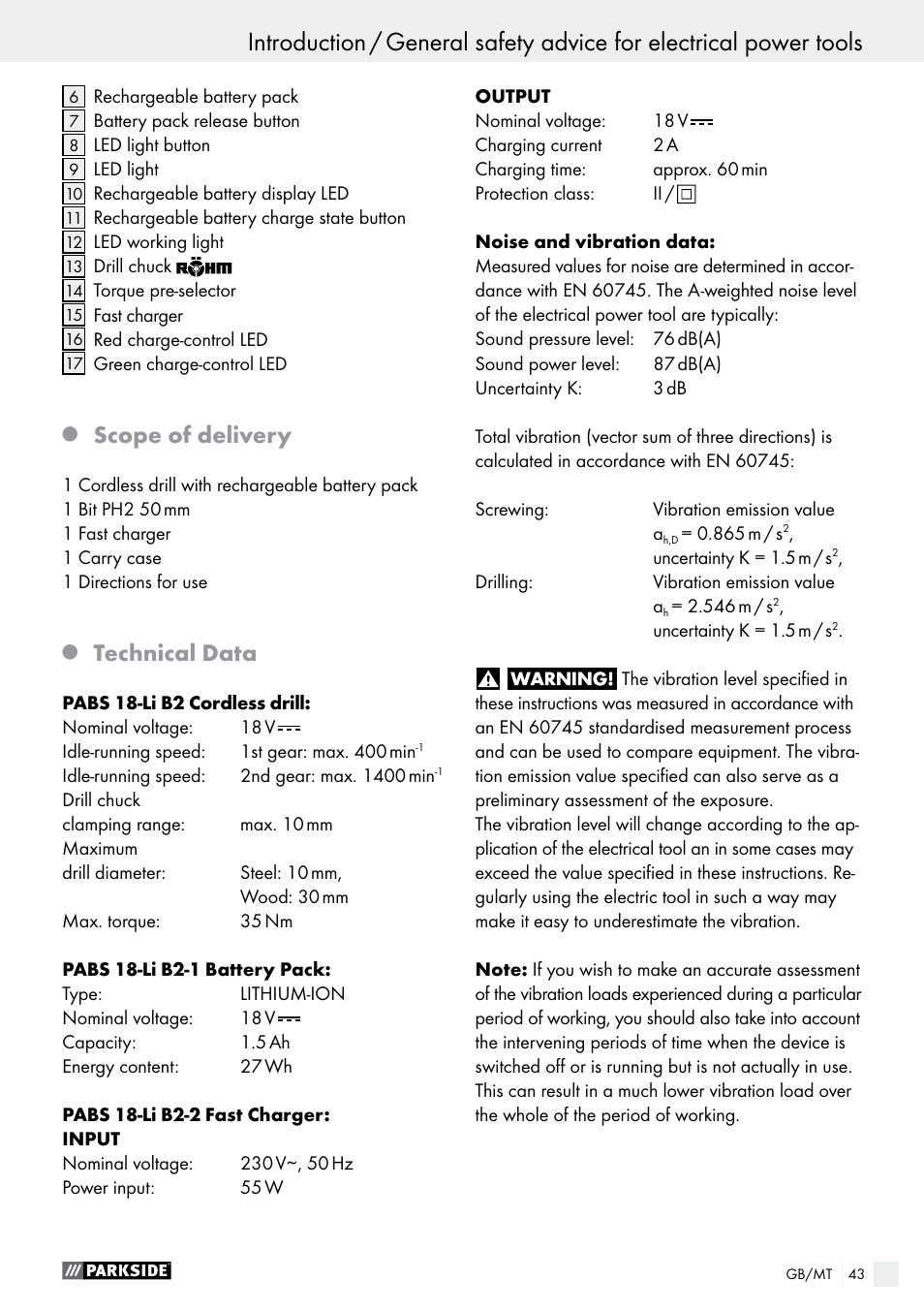 Scope of delivery, Technical data | Parkside PABS 18-Li B2 User Manual | Page 43 / 64