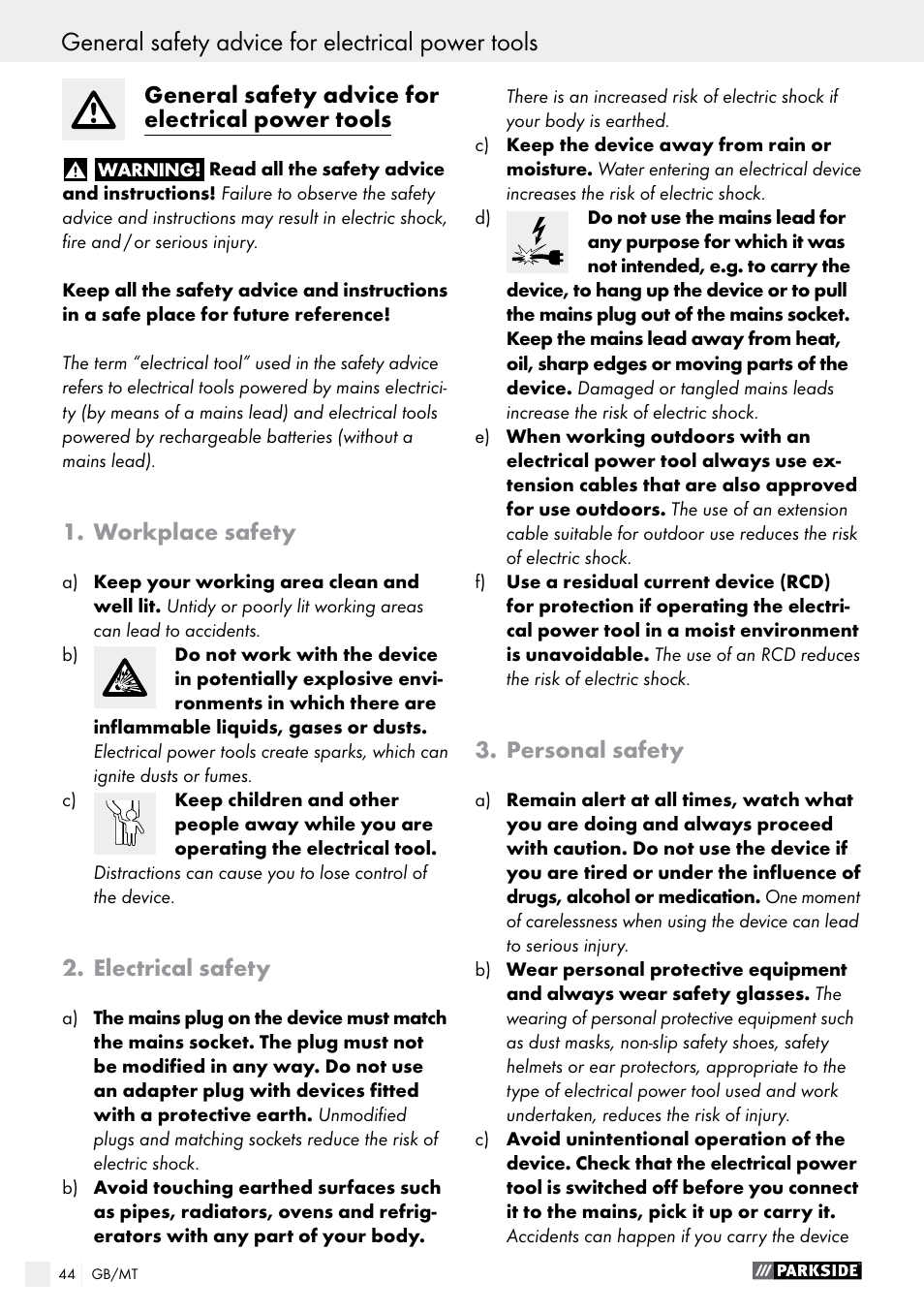 General safety advice for electrical power tools, Workplace safety, Electrical safety | Personal safety | Parkside PABS 18-Li B2 User Manual | Page 44 / 64