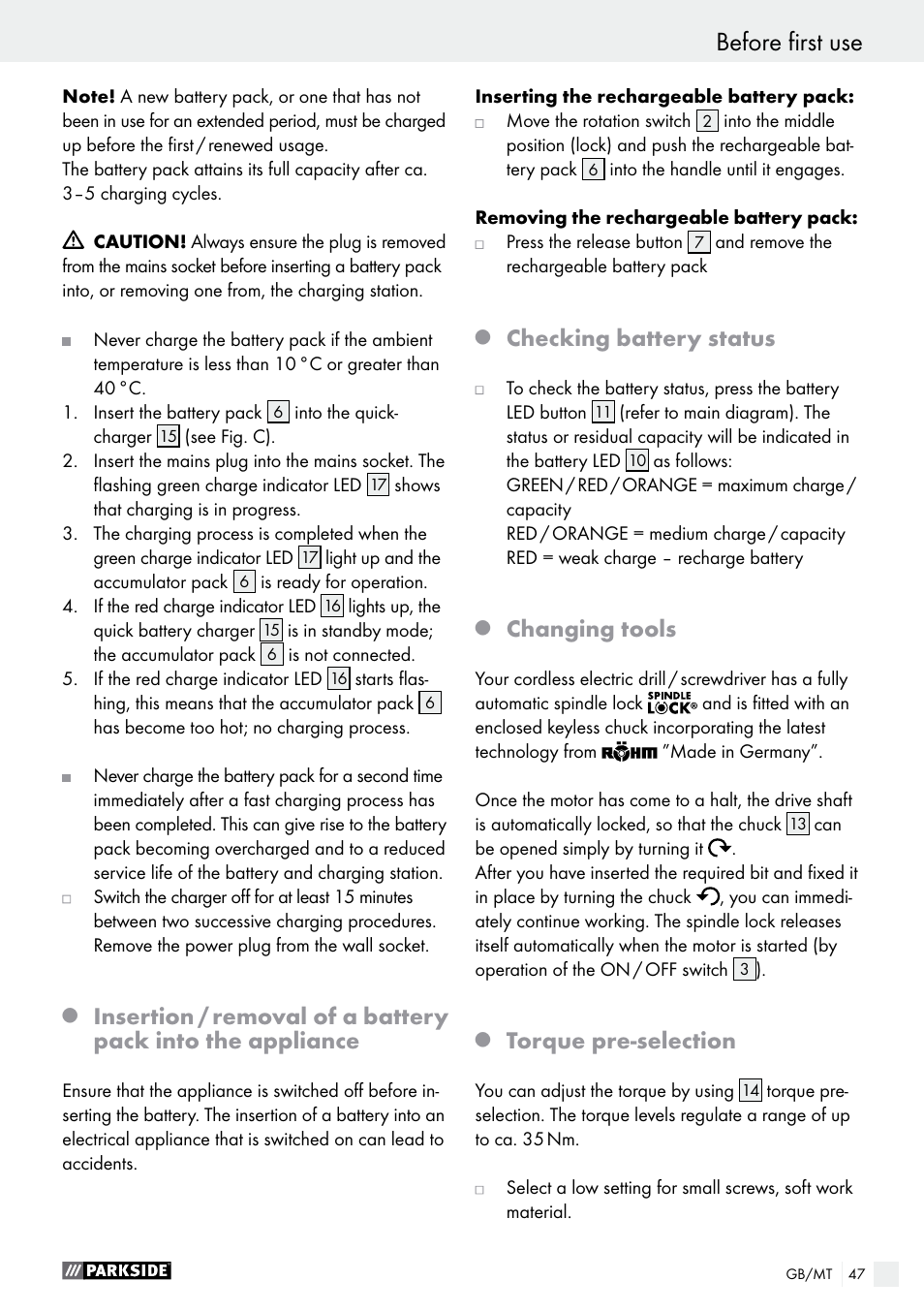 Checking battery status, Changing tools, Torque pre-selection | Parkside PABS 18-Li B2 User Manual | Page 47 / 64
