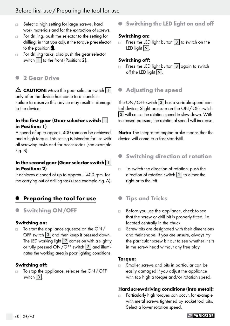 2 gear drive, Preparing the tool for use, Switching on /off | Switching the led light on and off, Adjusting the speed, Switching direction of rotation, Tips and tricks | Parkside PABS 18-Li B2 User Manual | Page 48 / 64