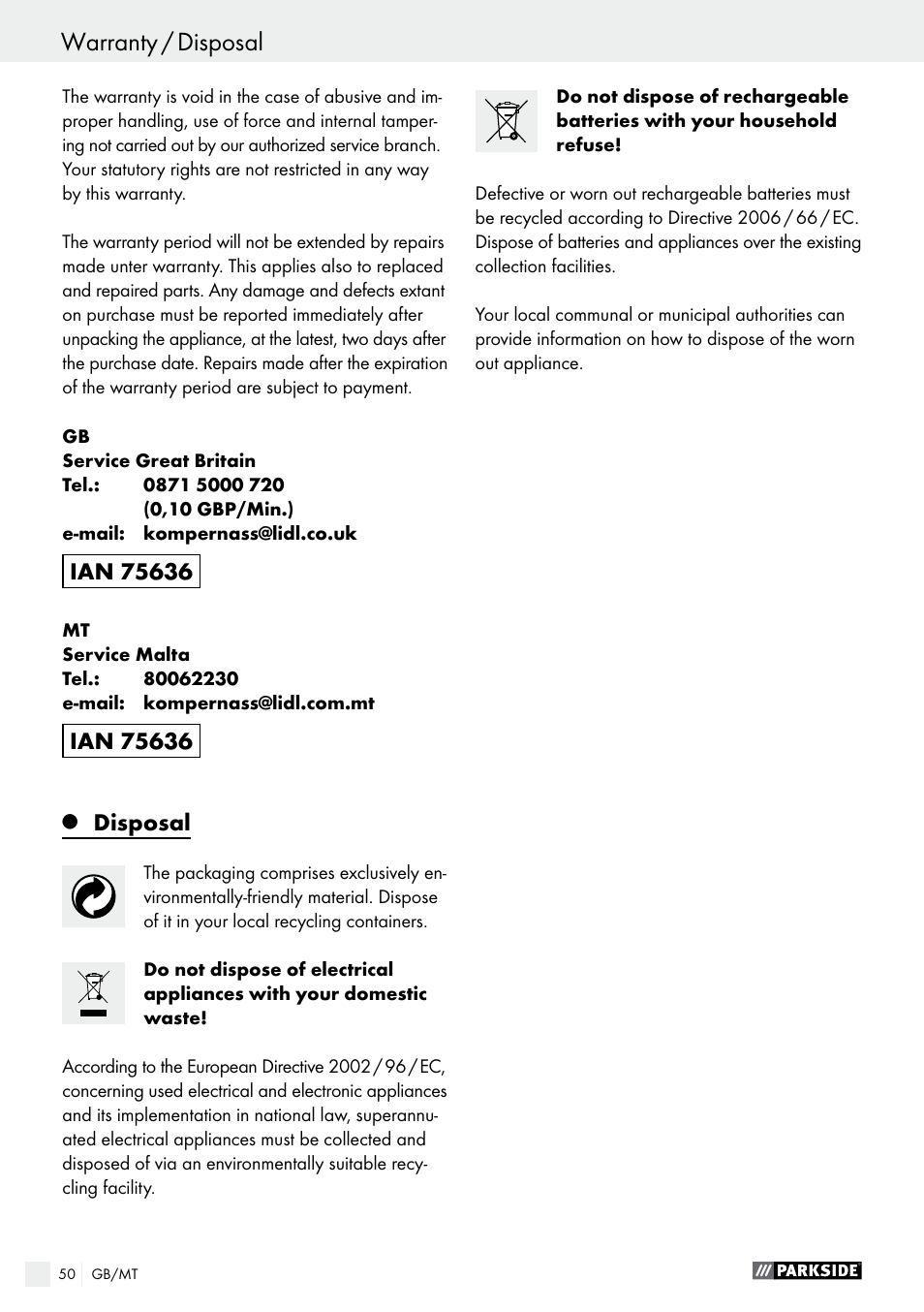 Conformity declaration / manufacturer, Warranty / disposal | Parkside PABS 18-Li B2 User Manual | Page 50 / 64