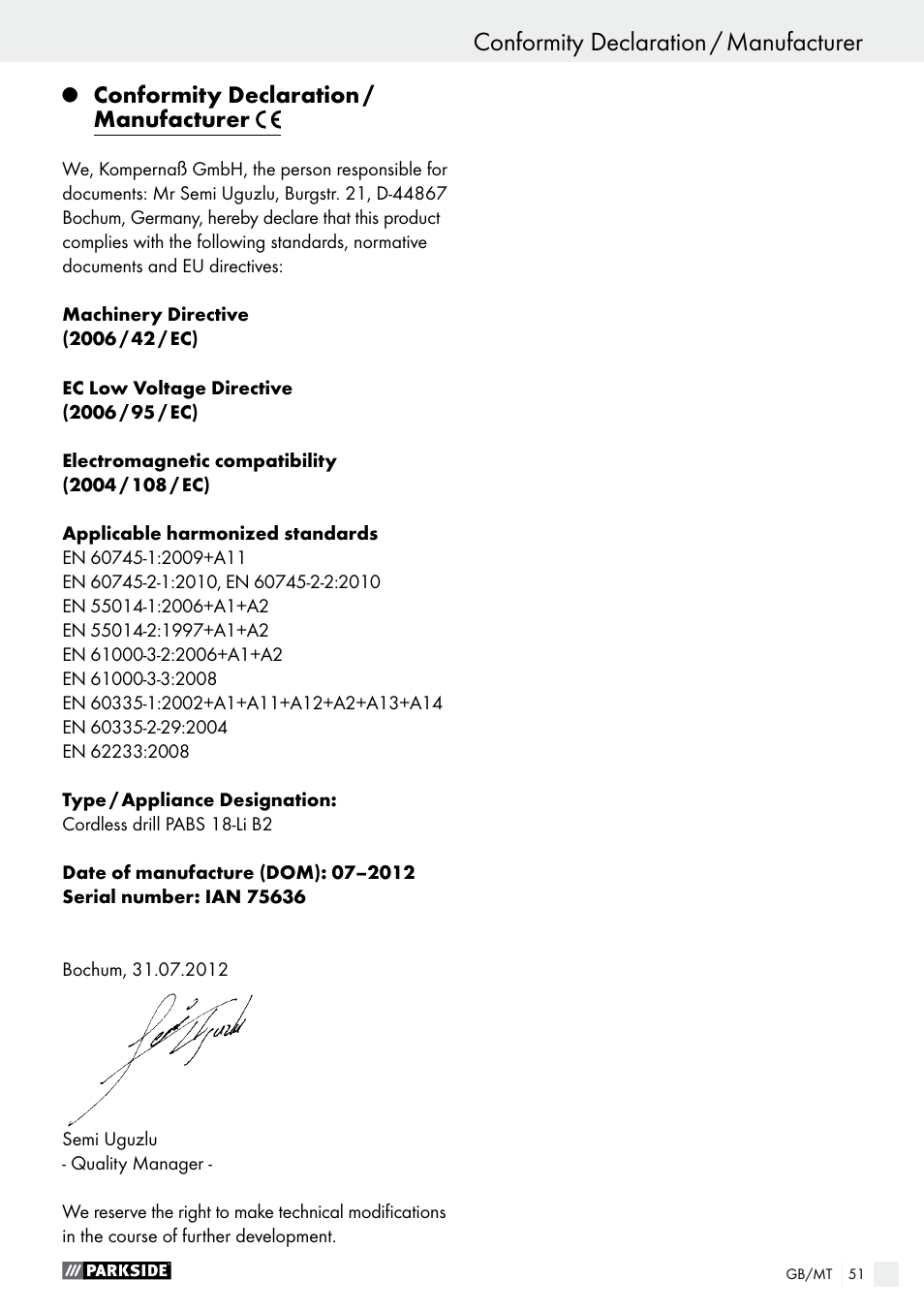 Conformity declaration / manufacturer, Warranty / disposal | Parkside PABS 18-Li B2 User Manual | Page 51 / 64