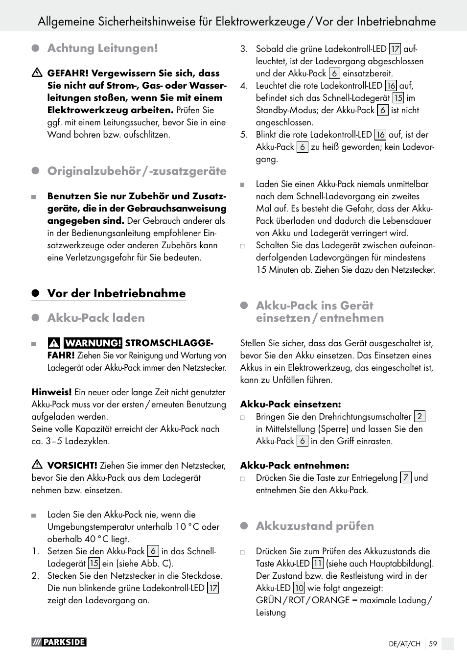 Achtung leitungen, Originalzubehör / -zusatzgeräte, Vor der inbetriebnahme | Akku-pack laden, Akku-pack ins gerät einsetzen / entnehmen, Akkuzustand prüfen | Parkside PABS 18-Li B2 User Manual | Page 59 / 64