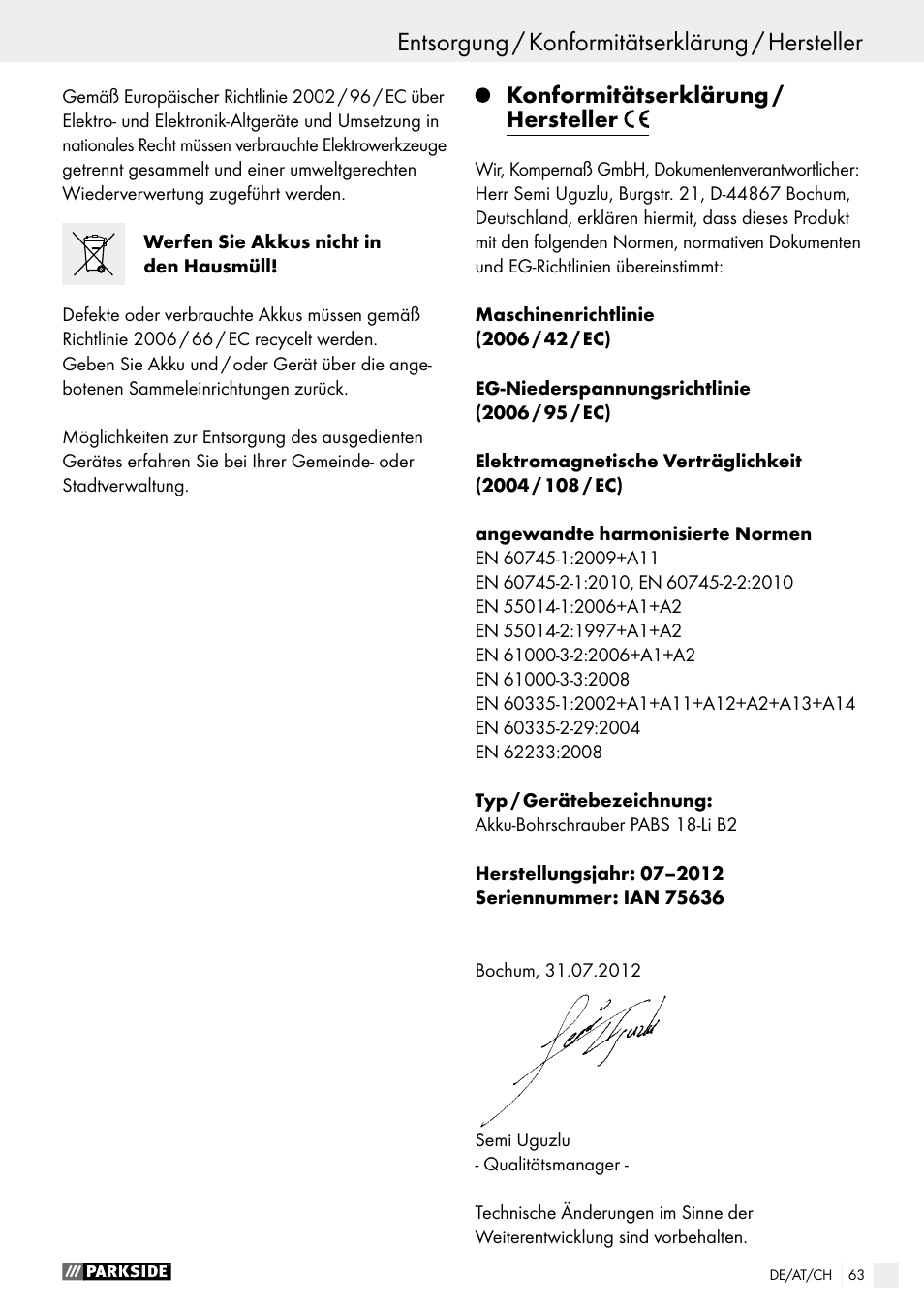 Entsorgung / konformitätserklärung / hersteller, Konformitätserklärung / hersteller | Parkside PABS 18-Li B2 User Manual | Page 63 / 64