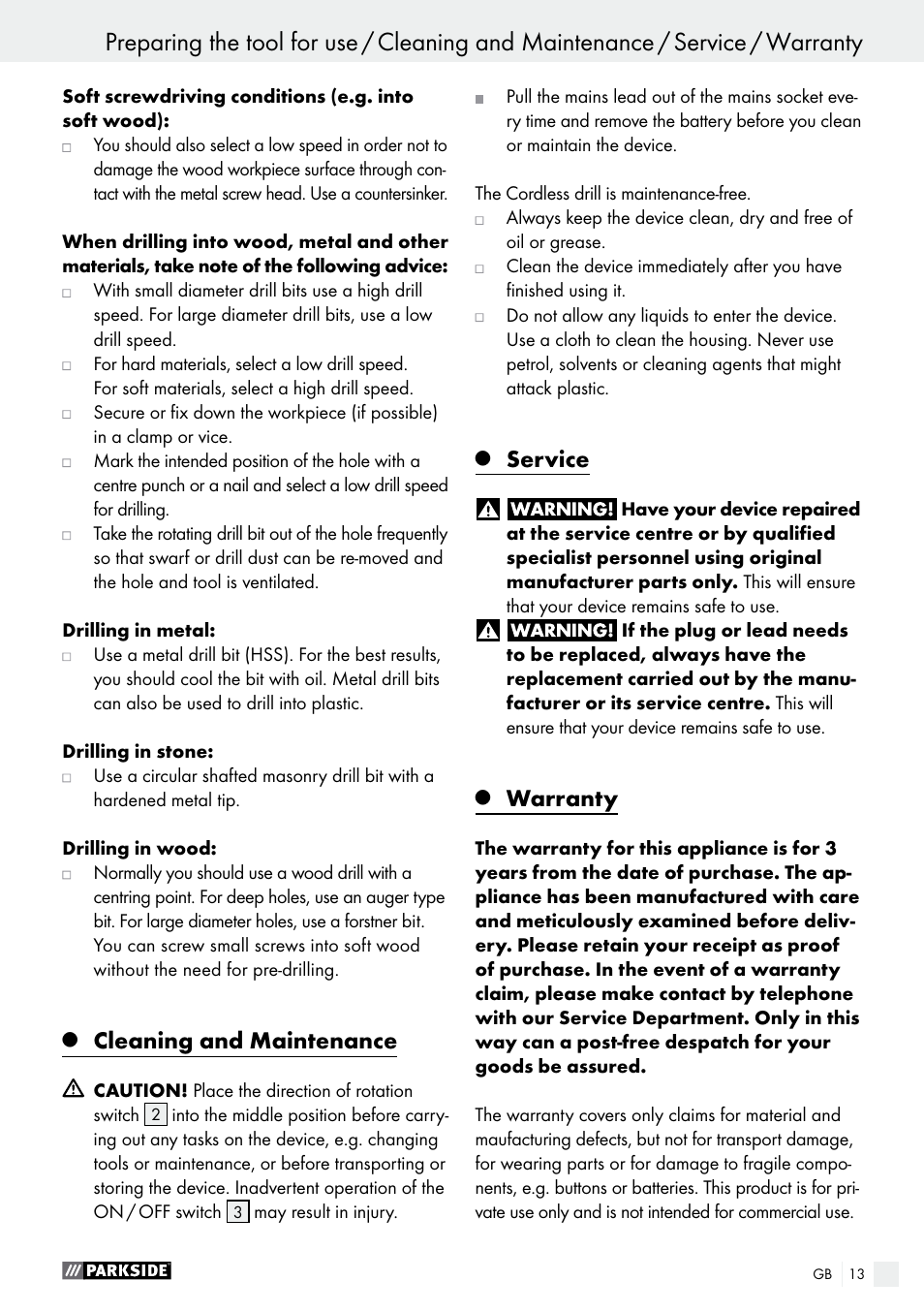 Before first use / preparing the tool for use, Cleaning and maintenance, Service | Warranty | Parkside PABS 18-Li B2 User Manual | Page 13 / 72