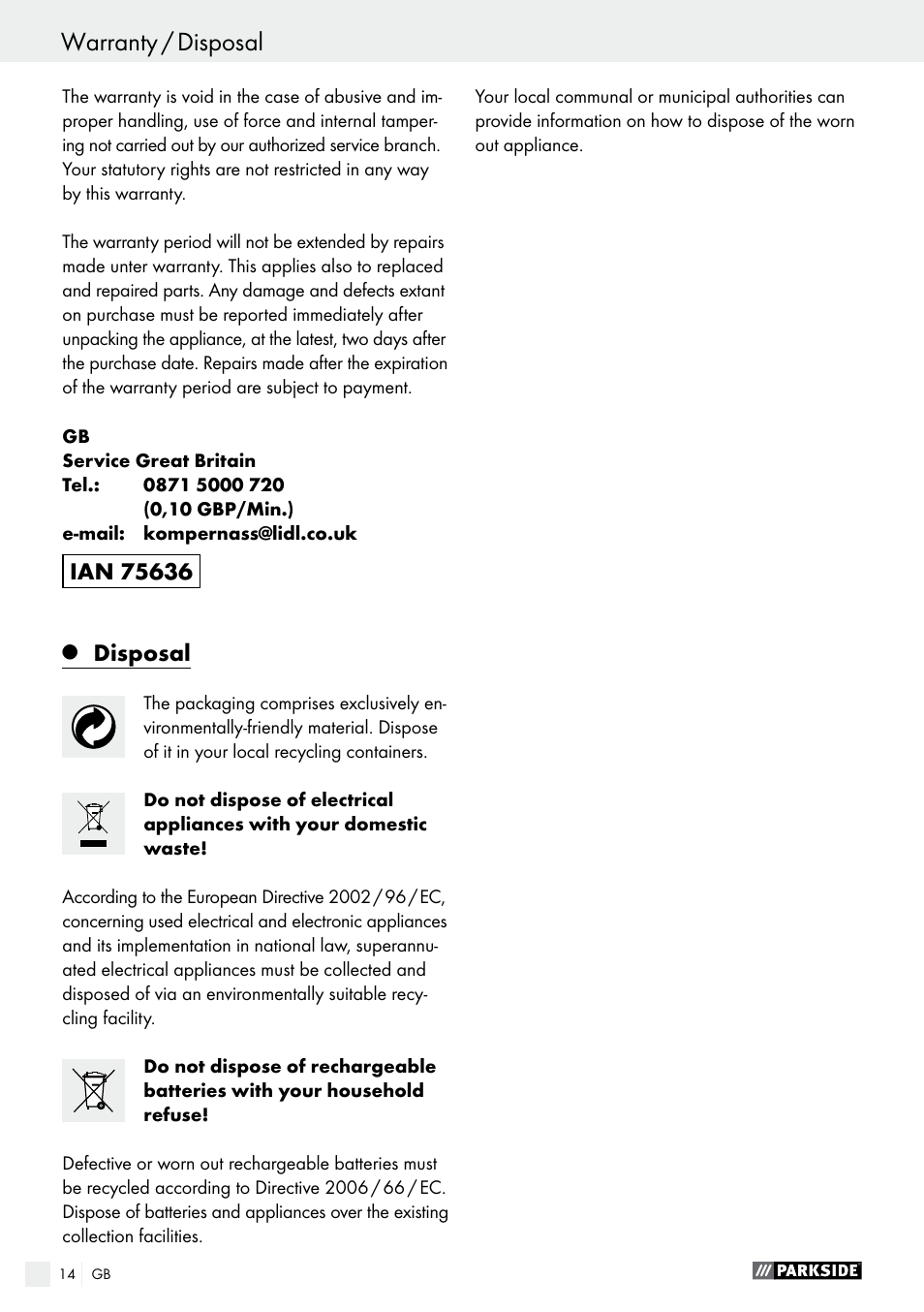 Conformity declaration / manufacturer, Warranty / disposal | Parkside PABS 18-Li B2 User Manual | Page 14 / 72