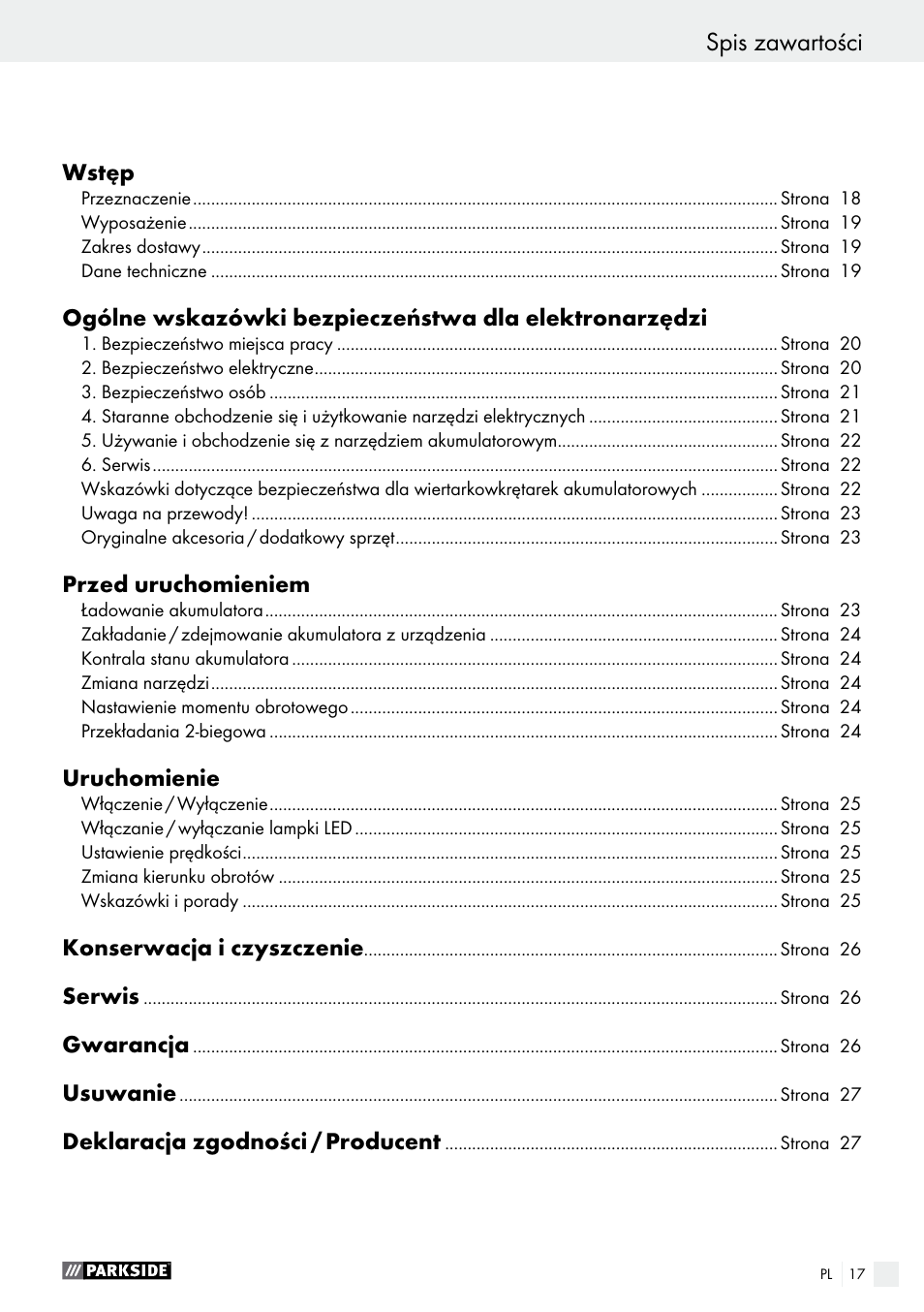 Spis zawartości | Parkside PABS 18-Li B2 User Manual | Page 17 / 72