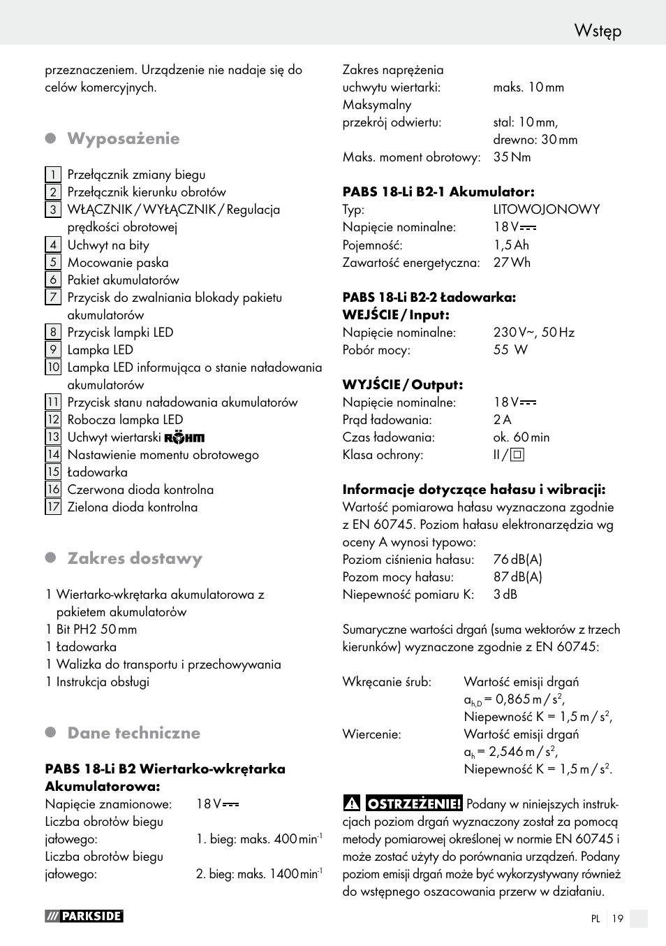 Wstęp, Wyposażenie, Zakres dostawy | Dane techniczne | Parkside PABS 18-Li B2 User Manual | Page 19 / 72