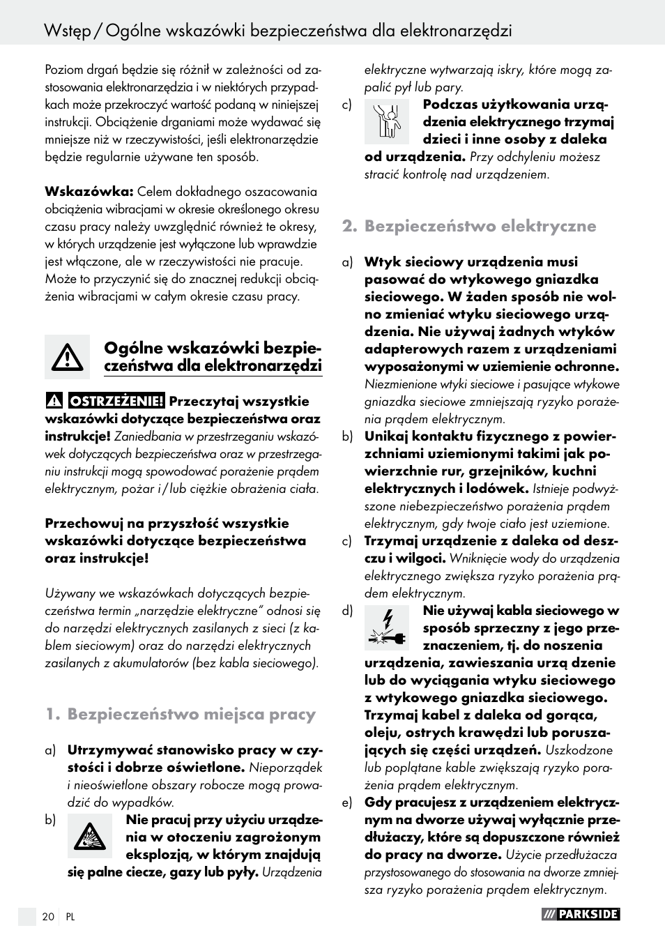 Bezpieczeństwo miejsca pracy, Bezpieczeństwo elektryczne | Parkside PABS 18-Li B2 User Manual | Page 20 / 72